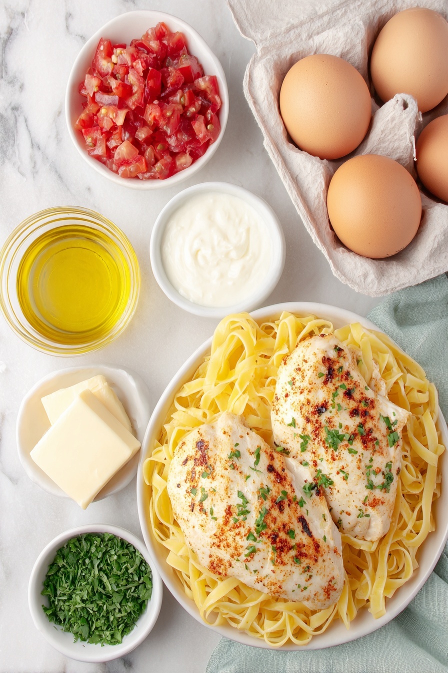 Creamy Cajun Chicken Pasta, Cajun chicken pasta recipe, spicy creamy pasta, easy Cajun pasta dish, quick dinner ideas - Flat lay of linguine pasta nest, two boneless skinless chicken breasts seasoned with Cajun spice, a small white bowl of olive oil, a small chunk of unsalted butter on white ceramic plate, three fresh garlic cloves, a small white bowl with diced ripe red tomatoes, a small white bowl filled with heavy whipping cream, a small white bowl of grated parmesan cheese, a small white bowl of finely chopped fresh parsley, whole uncracked eggs in natural brown shells placed symmetrically, placed on a clean white marble surface, soft natural light, photo taken with an iPhone, professional food photography style, fresh ingredients, white ceramic bowls, no bottles, no duplicates, no utensils, no packaging --ar 2:3 --v 7 --p m7354615311229779997