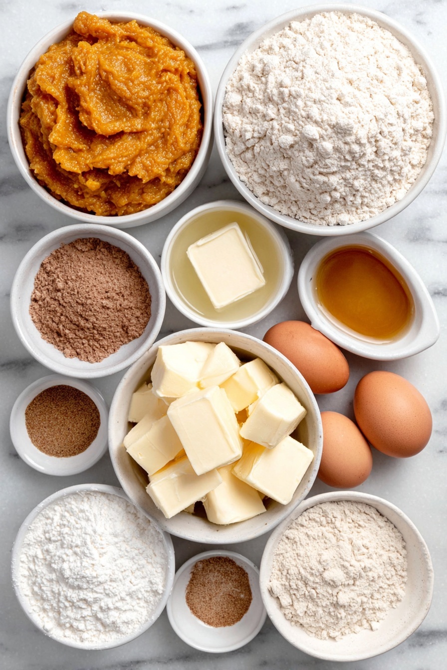Pumpkin Crumb Coffee Cake, pumpkin coffee cake with crumb topping, fall coffee cake recipe, easy pumpkin coffee cake, moist pumpkin coffee cake - Flat lay of a small mound of all-purpose flour, a small mound of packed light brown sugar, a teaspoon of ground cinnamon in a small white bowl, a few small cold cubes of unsalted butter, a generous dollop of vibrant orange pumpkin puree, a drizzle of amber maple syrup in a small white bowl, a small white bowl filled with light golden vegetable oil, a small white bowl with creamy milk, a small white bowl containing powdered confectioners’ sugar, a small white bowl with rich vanilla extract, whole uncracked brown eggs, a small pile of ground nutmeg, a small pile of ground cloves, a small pile of ground ginger, all arranged in perfect symmetry on a simple white ceramic surface, placed on a clean white marble surface, soft natural light, photo taken with an iPhone, professional food photography style, fresh ingredients, white ceramic bowls, no bottles, no duplicates, no utensils, no packaging --ar 2:3 --v 7 --p m7354615311229779997