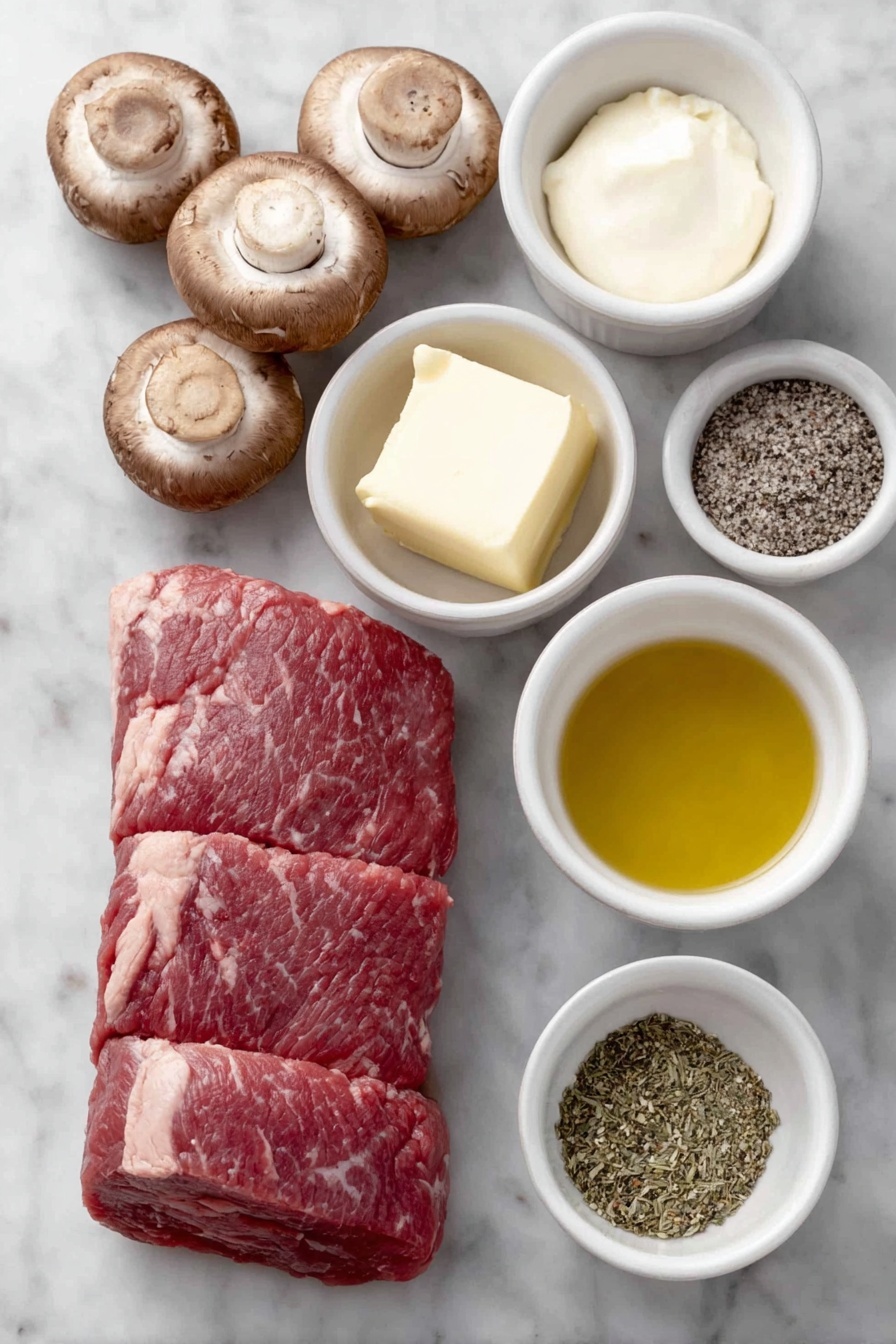 Creamy Mushroom Pork Tenderloin, easy pork tenderloin recipe, mushroom sauce pork, quick dinner ideas, flavorful pork recipes - Flat lay of a fresh whole pork tenderloin, a few whole brown cremini mushrooms sliced to show texture, three uncracked garlic cloves, a small white ceramic bowl of golden olive oil, a small white ceramic bowl with creamy pale yellow butter, a small white ceramic bowl filled with smooth heavy cream, a small white ceramic bowl holding a clear golden chicken broth, a small white ceramic bowl containing a smooth pale yellow Dijon mustard, a small mound of mixed dried Italian herbs, and a small pile of coarse sea salt and cracked black peppercorns placed on a clean white marble surface, soft natural light, photo taken with an iPhone, professional food photography style, fresh ingredients, white ceramic bowls, no bottles, no duplicates, no utensils, no packaging --ar 2:3 --v 7 --p m7354615311229779997