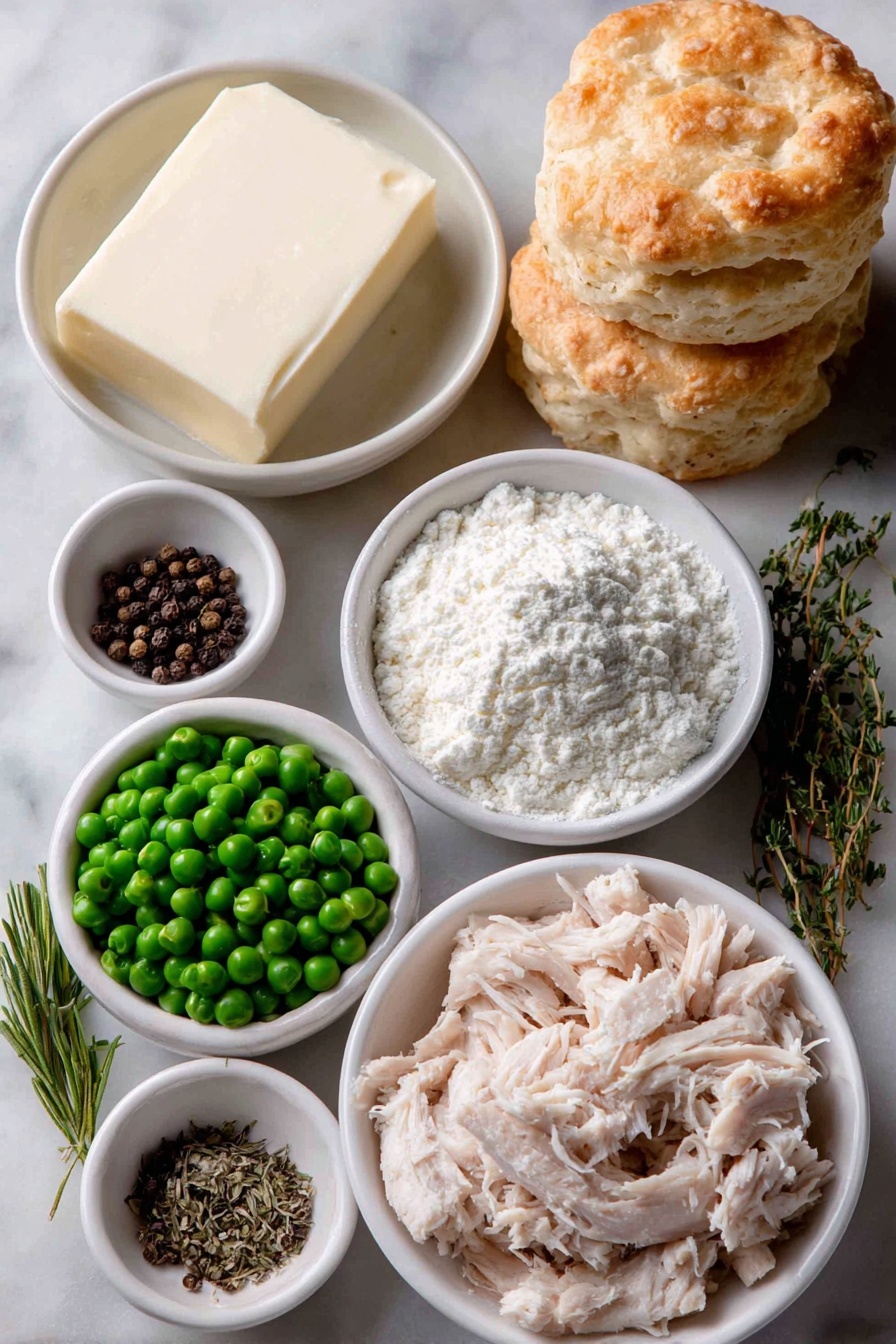 Creamed Chicken Over Biscuits, Creamed Chicken recipe, savory chicken and biscuits, comforting chicken dinner, easy weekend brunch ideas - Flat lay of unsalted butter in a small white ceramic bowl, a small fresh yellow onion whole and unpeeled, all purpose flour in a small neat mound on a white ceramic plate, coarse salt crystals and whole black peppercorns each in separate small white ceramic bowls, a small white ceramic bowl filled with golden chicken stock, a small white ceramic bowl with creamy half-and-half, dried tarragon sprigs gently resting beside a small pile of fresh green peas, a portion of cooked shredded chicken breast arranged neatly on a white ceramic plate, and a stack of eight golden homemade country biscuits on a simple white ceramic dish, placed on a clean white marble surface, soft natural light, photo taken with an iPhone, professional food photography style, fresh ingredients, white ceramic bowls, no bottles, no duplicates, no utensils, no packaging --ar 2:3 --v 7 --p m7354615311229779997