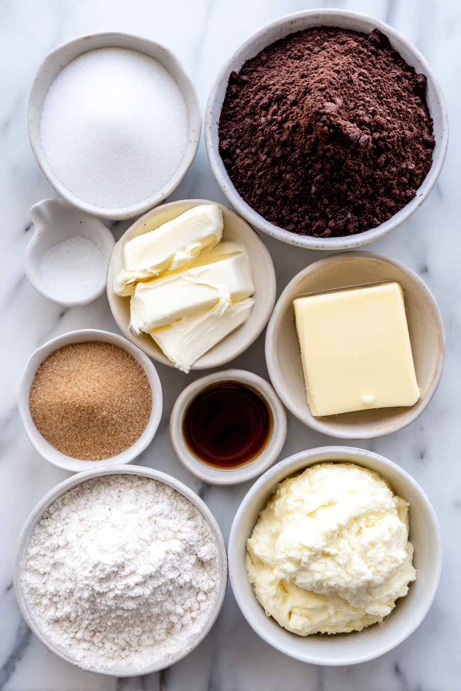 Easy Hot Fudge Cake, hot fudge cake, chocolate self-saucing cake, quick chocolate dessert, cozy chocolate cake - Flat lay of a small mound of granulated sugar, a neat pile of all purpose flour, a heap of natural cocoa powder, a small white bowl of baking powder, a small white bowl of salt, a simple white ceramic bowl filled with milk, a pat of unsalted butter melted in a white bowl, a small white bowl holding vanilla extract, a packed mound of brown sugar, and a simple white bowl with hot water, all arranged in perfect symmetry, placed on a clean white marble surface, soft natural light, photo taken with an iPhone, professional food photography style, fresh ingredients, white ceramic bowls, no bottles, no duplicates, no utensils, no packaging --ar 2:3 --v 7 --p m7354615311229779997