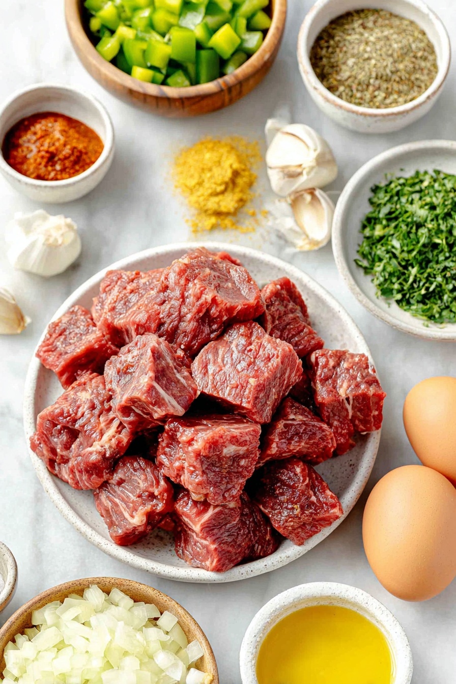 German Beef Goulash, hearty beef goulash recipe, traditional German goulash, slow cooker beef goulash, easy beef goulash dinner - Flat lay of two pounds of cubed fresh beef chuck roast with deep red color, a heap of chopped white onions with a glistening surface, a small pile of diced vibrant green bell pepper, half of a ripe red tomato diced and seeded, three whole garlic cloves with papery skins intact, a handful of bright green chopped fresh parsley, a glossy bay leaf, a wooden bowl holding a mixture of sweet Hungarian paprika, dried marjoram, and whole caraway seeds, two small white ceramic bowls filled with dark rich tomato paste and golden olive oil, and two small white ceramic bowls containing deep brown beef broth and dark red dry red wine, plus two whole uncracked brown eggs nestled aside, all arranged symmetrically on a simple white ceramic plate, placed on a clean white marble surface, soft natural light, photo taken with an iPhone, professional food photography style, fresh ingredients, white ceramic bowls, no bottles, no duplicates, no utensils, no packaging --ar 2:3 --v 7 --p m7354615311229779997