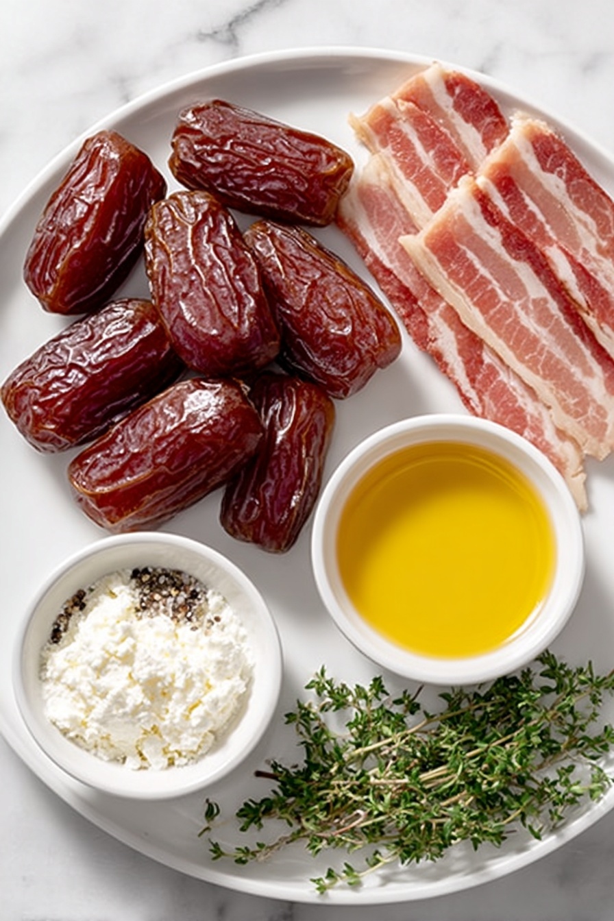 Bacon-Wrapped Dates with Goat Cheese, Bacon-Wrapped Dates appetizer, easy party appetizers, savory date bites, gourmet snack ideas - Flat lay of fresh whole dates with glossy mahogany skins, a small mound of soft white goat cheese, several uncooked strips of raw bacon with pink and white marbling, a small white ceramic bowl filled with golden honey, scattered fresh green thyme sprigs, bright green parsley leaves, and a small white bowl containing coarse sea salt and freshly ground black pepper, all arranged in perfect symmetry on a simple white ceramic plate and bowls, placed on a clean white marble surface, soft natural light, photo taken with an iPhone, professional food photography style, fresh ingredients, white ceramic bowls, no bottles, no duplicates, no utensils, no packaging --ar 2:3 --v 7 --p m7354615311229779997