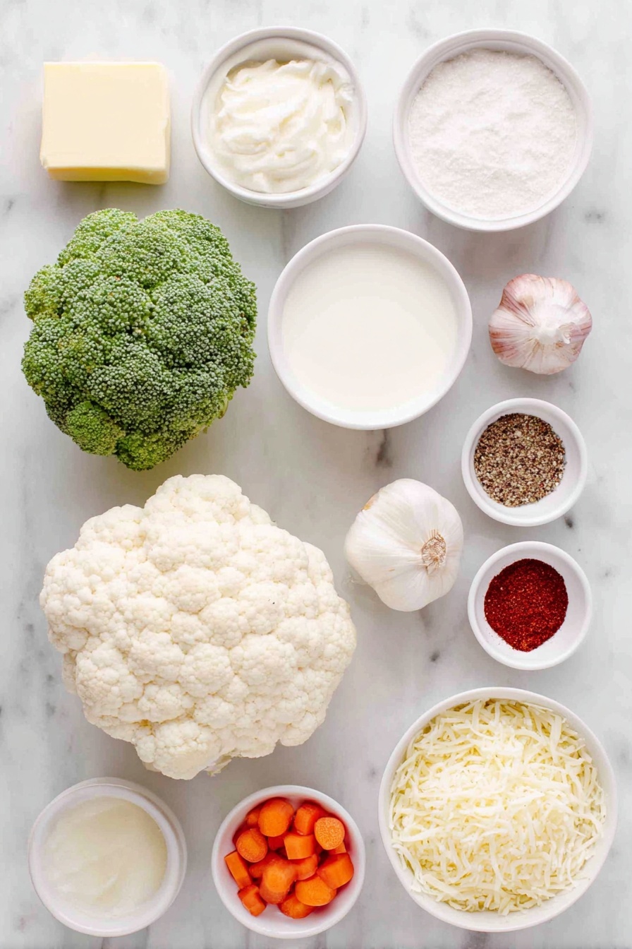 Creamy Vegetable Casserole with Cheese, vegetable casserole recipes, cheesy vegetable bake, healthy vegetable casserole, easy cheesy veggie dish - Flat lay of fresh green broccoli florets, white cauliflower florets, bright orange baby carrots, a few cloves of whole garlic, a small white bowl of pale yellow butter, a small white bowl of white cornstarch powder, a small white bowl of creamy heavy cream, a small white bowl of mixed dried Italian seasoning herbs, a small white bowl of coarse salt, a small white bowl of freshly ground black pepper, a small white bowl of deep red chili powder, a small white bowl of light brown ground nutmeg, a small white bowl filled with shredded Italian blend cheese in white, yellow, and orange hues, a small white bowl of light tan pork rind panko crumbs, all arranged in perfect symmetry on a clean white marble surface, soft natural light, photo taken with an iPhone, professional food photography style, fresh ingredients, white ceramic bowls, no bottles, no duplicates, no utensils, no packaging --ar 2:3 --v 7 --p m7354615311229779997