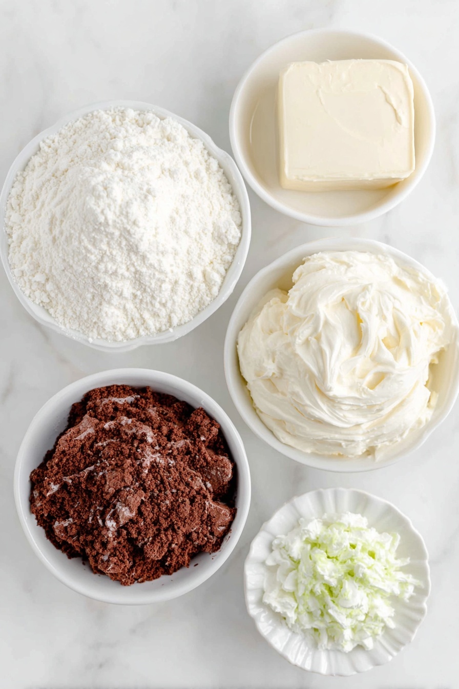 Festive Red Velvet and Green Cake Trifle, holiday dessert, Christmas cake trifle, layered festive dessert, red velvet green cake - Flat lay of a small mound of bright white cake crumbs, a small mound of rich red velvet cake crumbs, a small white ceramic bowl of softened cream cheese, a small white ceramic bowl filled with glossy sweetened condensed milk, a small white ceramic bowl of fluffy whipped topping, a few drops of vibrant green food coloring on a white ceramic shallow dish, placed on a clean white marble surface, soft natural light, photo taken with an iPhone, professional food photography style, fresh ingredients, white ceramic bowls, no bottles, no duplicates, no utensils, no packaging --ar 2:3 --v 7 --p m7354615311229779997