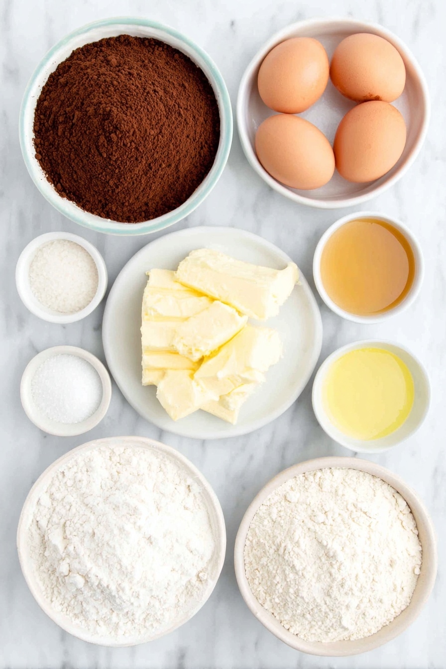 Chewy Chocolate Crinkle Cookies, chocolate crinkle cookies recipe, easy chocolate cookies, fudgy chocolate cookies, crackled chocolate cookies - Flat lay of a small matte white ceramic bowl filled with unsweetened dark brown cocoa powder, a small mound of fine all-purpose flour on a plain white plate, a small white ceramic bowl holding fine white baking powder, a tiny pinch of salt in a delicate white bowl, a chunk of soft pale yellow butter placed directly on a simple white plate, a small heap of granulated white sugar on a white ceramic dish, a small white bowl with clear golden vanilla extract, four whole uncracked large brown eggs neatly aligned on a white ceramic dish, and a small white bowl heaped with powdery white powdered sugar — all arranged symmetrically with balanced spacing, placed on a clean white marble surface, soft natural light, photo taken with an iPhone, professional food photography style, fresh ingredients, white ceramic bowls, no bottles, no duplicates, no utensils, no packaging --ar 2:3 --v 7 --p m7354615311229779997