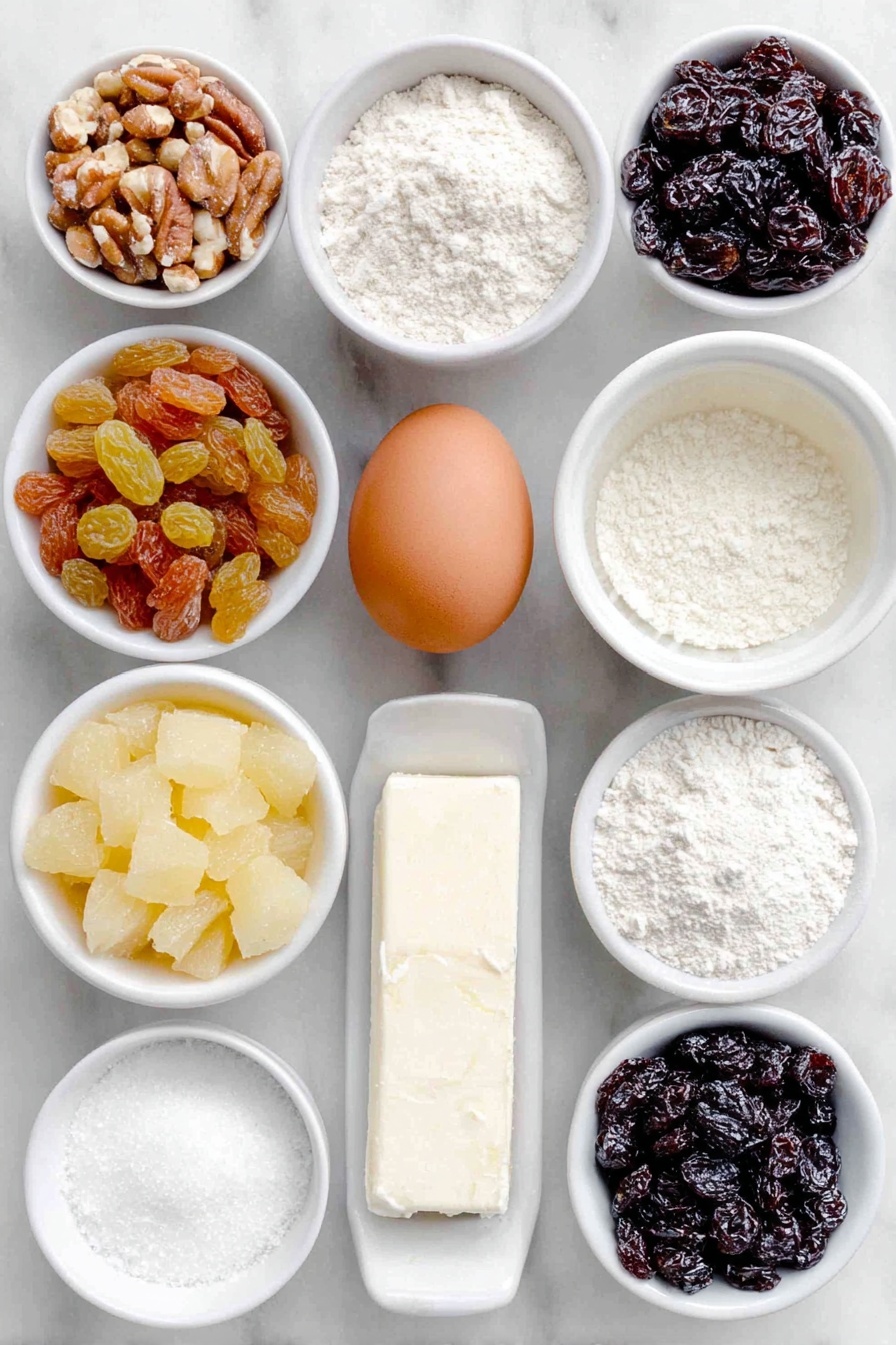 Fruitcake Cookies with Nuts and Dried Fruit, fruitcake cookie recipe, holiday fruitcake cookies, nut and dried fruit cookies, festive cookie recipe - Flat lay of a small pile of plump golden raisins, a handful of coarsely chopped bright red and green candied cherries, a small mound of coarsely chopped golden candied pineapple, a cluster of coarsely chopped large Brazil nuts, a smooth pat of pale golden shortening, a neat heap of white granulated sugar, one whole uncracked brown egg with a clean shell, a small white ceramic bowl filled with clear vanilla extract, a small white ceramic bowl with almond extract, a small pile of white all-purpose flour, a small white ceramic bowl containing baking soda powder, and a small white ceramic bowl of fine salt, all arranged with perfect symmetry in a balanced layout on a clean white marble surface, soft natural light, photo taken with an iPhone, professional food photography style, fresh ingredients, white ceramic bowls, no bottles, no duplicates, no utensils, no packaging --ar 2:3 --v 7 --p m7354615311229779997