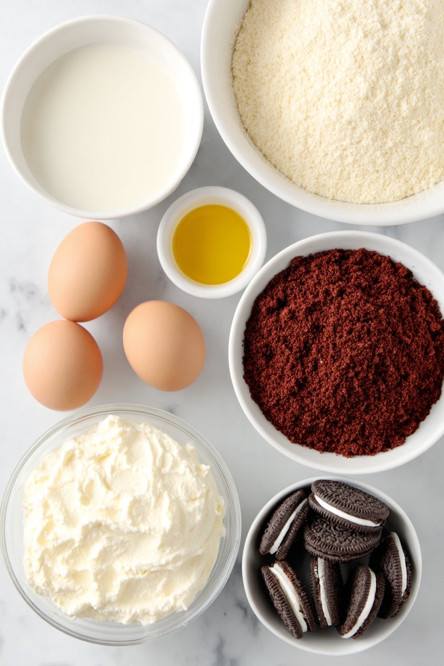 Red Velvet Poke Cake with Cheesecake Pudding, red velvet poke cake, cheesecake pudding dessert, easy red velvet cake, no-bake cheesecake poke cake - Flat lay of a small pile of rich red velvet cake crumbs, two whole uncracked brown eggs, a small white ceramic bowl of golden vegetable oil, a small white ceramic bowl of clear water, two boxes of instant cheesecake pudding mix in powder form (represented as small heaps of fine pale powder), a large white ceramic bowl filled with fresh cold milk, a white ceramic bowl of smooth white whipped topping, and a small white ceramic bowl filled with crushed dark chocolate sandwich cookies with white cream filling visible, all arranged with perfect symmetry and balanced proportions, placed on a clean white marble surface, soft natural light, photo taken with an iPhone, professional food photography style, fresh ingredients, white ceramic bowls, no bottles, no duplicates, no utensils, no packaging --ar 2:3 --v 7 --p m7354615311229779997