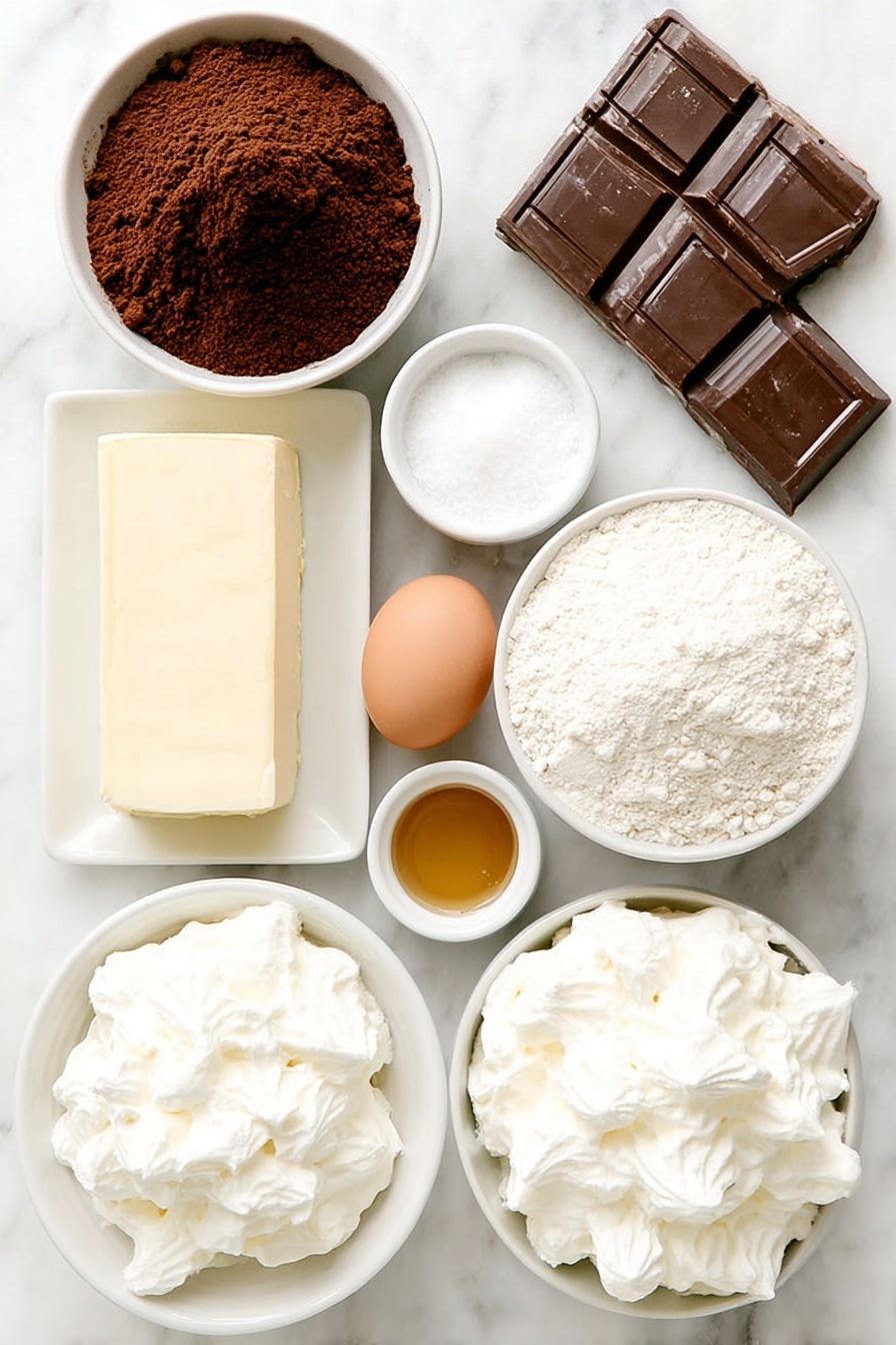 Chocolate Marshmallow Swirl Cookies, chocolate marshmallow cookies, gooey chocolate cookies, marshmallow swirl cookies, easy chocolate cookie recipe - Flat lay of a small mound of all-purpose flour, a neat pile of rich unsweetened cocoa powder, a small pinch of fine salt, a small heap of baking soda powder, a large slab of unsalted butter softened, a small white ceramic bowl filled with granulated sugar, two whole brown eggs with clean shells, a small white bowl holding vanilla extract, and a small white ceramic bowl filled with fluffy white marshmallow fluff, each ingredient fresh and natural, arranged with perfect symmetry on a clean white marble surface, soft natural light, photo taken with an iPhone, professional food photography style, fresh ingredients, white ceramic bowls, no bottles, no duplicates, no utensils, no packaging --ar 2:3 --v 7 --p m7354615311229779997