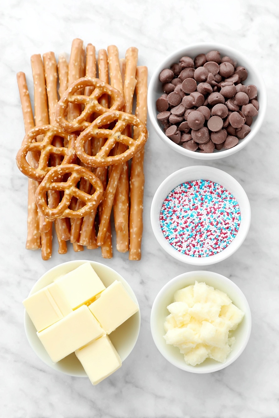 Chocolate Covered Pretzels, Pretzels with Chocolate, Easy Pretzel Snack, Salty and Sweet Pretzels, Homemade Pretzel Treats - Flat lay of a handful of miniature pretzel twists with golden brown texture, several long light brown pretzel rods, a small white ceramic bowl filled with smooth milk chocolate chips, a small white ceramic bowl holding colorful round sprinkles, and a small white ceramic bowl containing a chunk of yellowish shortening, all arranged in perfect symmetry on a clean white marble surface, soft natural light, photo taken with an iPhone, professional food photography style, fresh ingredients, white ceramic bowls, no bottles, no duplicates, no utensils, no packaging --ar 2:3 --v 7 --p m7354615311229779997