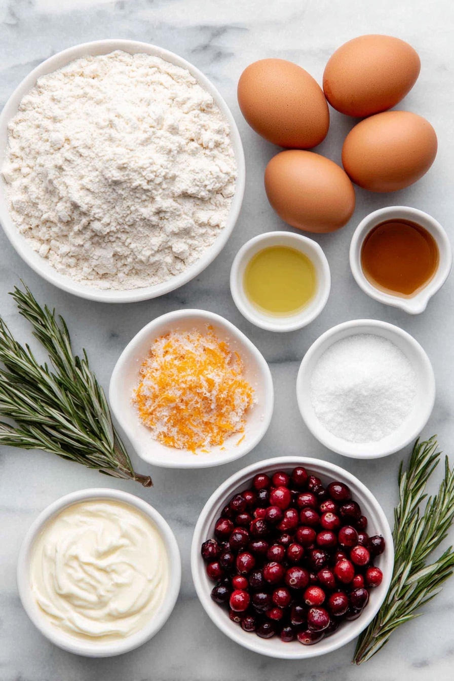 Orange Cranberry Bread, citrus cranberry bread, holiday bread recipes, moist fruit bread, easy bread with cranberries and orange - Flat lay of two whole brown eggs with clean shells, a small white ceramic bowl of all-purpose flour, a small white ceramic bowl containing granulated sugar mixed with bright orange zest, a small white ceramic bowl filled with smooth buttermilk, a small white ceramic bowl with golden canola oil, a small white ceramic bowl of fresh orange juice, a few sprigs of fresh orange zest, a mound of fresh red cranberries, a small white ceramic bowl of fine powdered sugar, a small white ceramic bowl with additional fresh orange juice, all arranged symmetrically on a clean white marble surface, soft natural light, photo taken with an iPhone, professional food photography style, fresh ingredients, white ceramic bowls, no bottles, no duplicates, no utensils, no packaging --ar 2:3 --v 7 --p m7354615311229779997