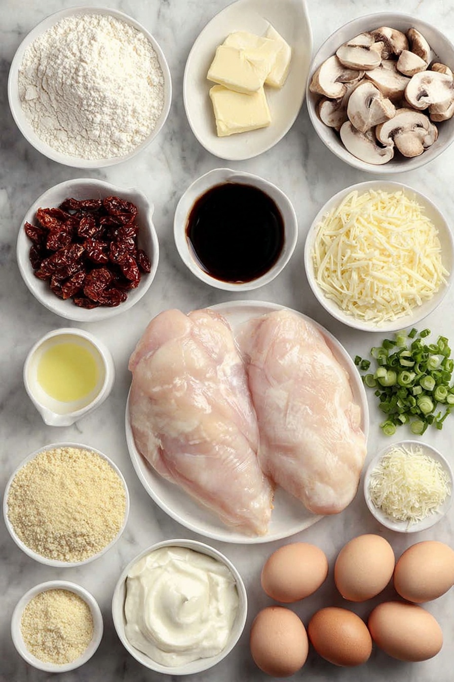 Stuffed Chicken Marsala with Mushrooms, Chicken Marsala stuffed, Creamy mushroom chicken, Elegant chicken dinner, Easy stuffed chicken breast - Flat lay of two large boneless skinless chicken breasts, a small mound of all-purpose flour on a white ceramic plate, three tablespoons of butter in a small white bowl, a small white bowl filled with deep amber Marsala wine, a small white bowl of thick heavy cream, a white ceramic plate with sliced cremini mushrooms, a small white bowl with shredded smoked Gouda cheese, a small white bowl with shredded mozzarella cheese, a small white bowl with grated Parmesan cheese, a small white bowl of golden breadcrumbs, a small white bowl of creamy sour cream, six pieces of glossy sun-dried tomatoes, sliced green onions arranged neatly on a white plate, a small bunch of finely chopped fresh parsley on a white dish, two brown whole uncracked eggs, a small white bowl with light avocado oil, all items fresh and natural, perfect symmetry, realistic proportions, placed on a clean white marble surface, soft natural light, photo taken with an iPhone, professional food photography style, fresh ingredients, white ceramic bowls, no bottles, no duplicates, no utensils, no packaging --ar 2:3 --v 7 --p m7354615311229779997