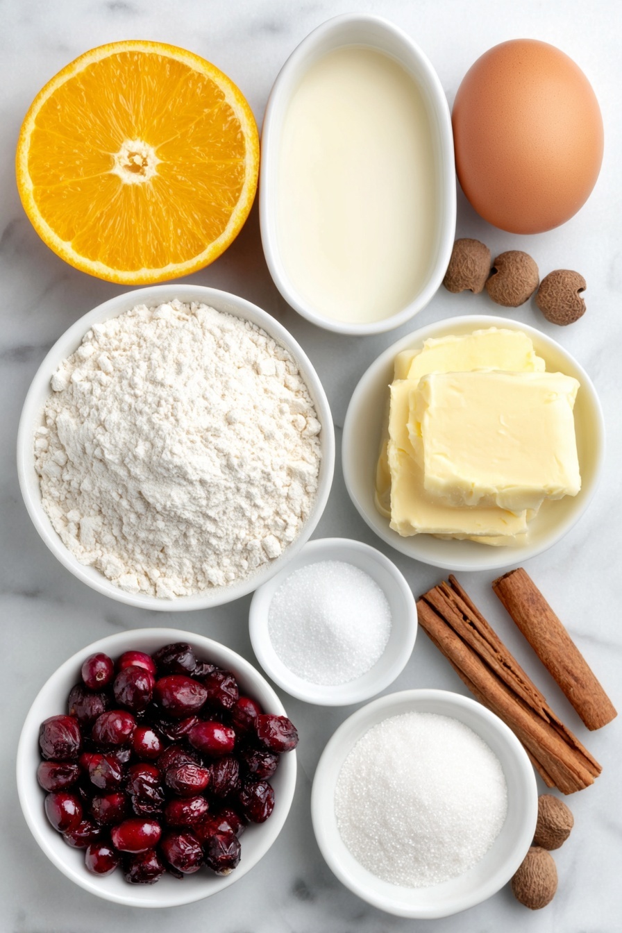 Cranberry Orange Sweet Rolls, cranberry orange breakfast ideas, citrus cranberry breakfast treats, holiday sweet roll recipes, easy sweet roll recipes - Flat lay of a whole uncracked brown egg, a small white ceramic bowl of warm milk, a small white ceramic bowl with melted salted butter, a small white ceramic bowl of granulated sugar, a small white ceramic bowl of powdered sugar, a fresh orange whole and one half with bright orange zest, a small white ceramic bowl with pure vanilla extract, fresh whole cranberries, a small white ceramic bowl containing white flour, a few whole warm spices including cinnamon sticks, cloves, and nutmeg pods, all arranged with perfect symmetry on a clean white marble surface, soft natural light, photo taken with an iPhone, professional food photography style, fresh ingredients, white ceramic bowls, no bottles, no duplicates, no utensils, no packaging --ar 2:3 --v 7 --p m7354615311229779997