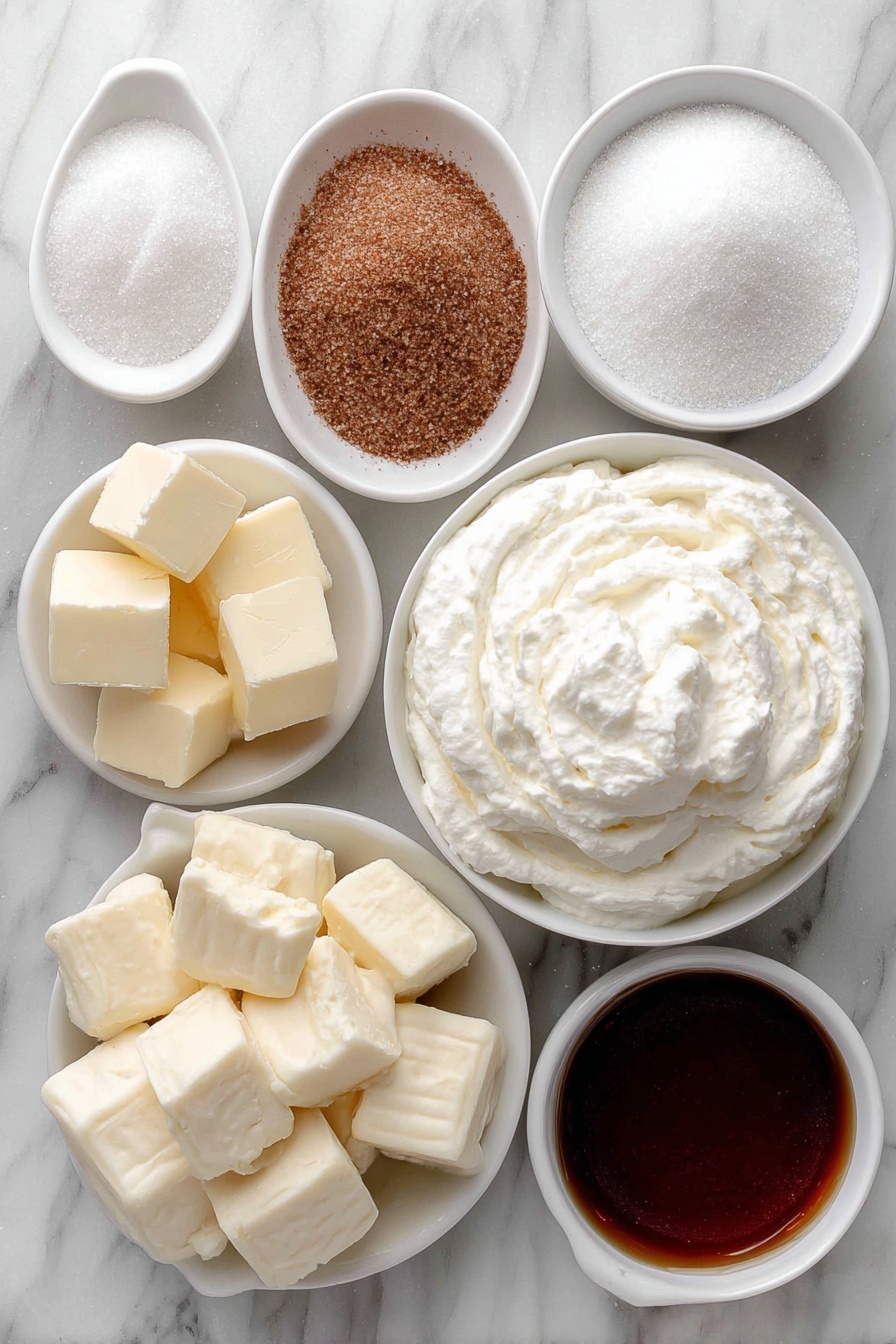 Cinnamon Roll Fudge, cinnamon roll fudge recipe, easy cinnamon fudge, creamy cinnamon fudge, holiday fudge ideas - Flat lay of a small heap of granulated sugar, a few cubes of unsalted butter, a small white bowl with cinnamon sugar mix, a pinch of coarse kosher salt scattered neatly, a small white bowl filled with heavy cream, a pile of glossy white chocolate morsels, a small mound of fluffy marshmallow cream, a small white bowl with powdered sugar, a small white bowl containing golden maple syrup, all ingredients arranged symmetrically and fresh-looking, placed on a clean white marble surface, soft natural light, photo taken with an iPhone, professional food photography style, fresh ingredients, white ceramic bowls, no bottles, no duplicates, no utensils, no packaging --ar 2:3 --v 7 --p m7354615311229779997
