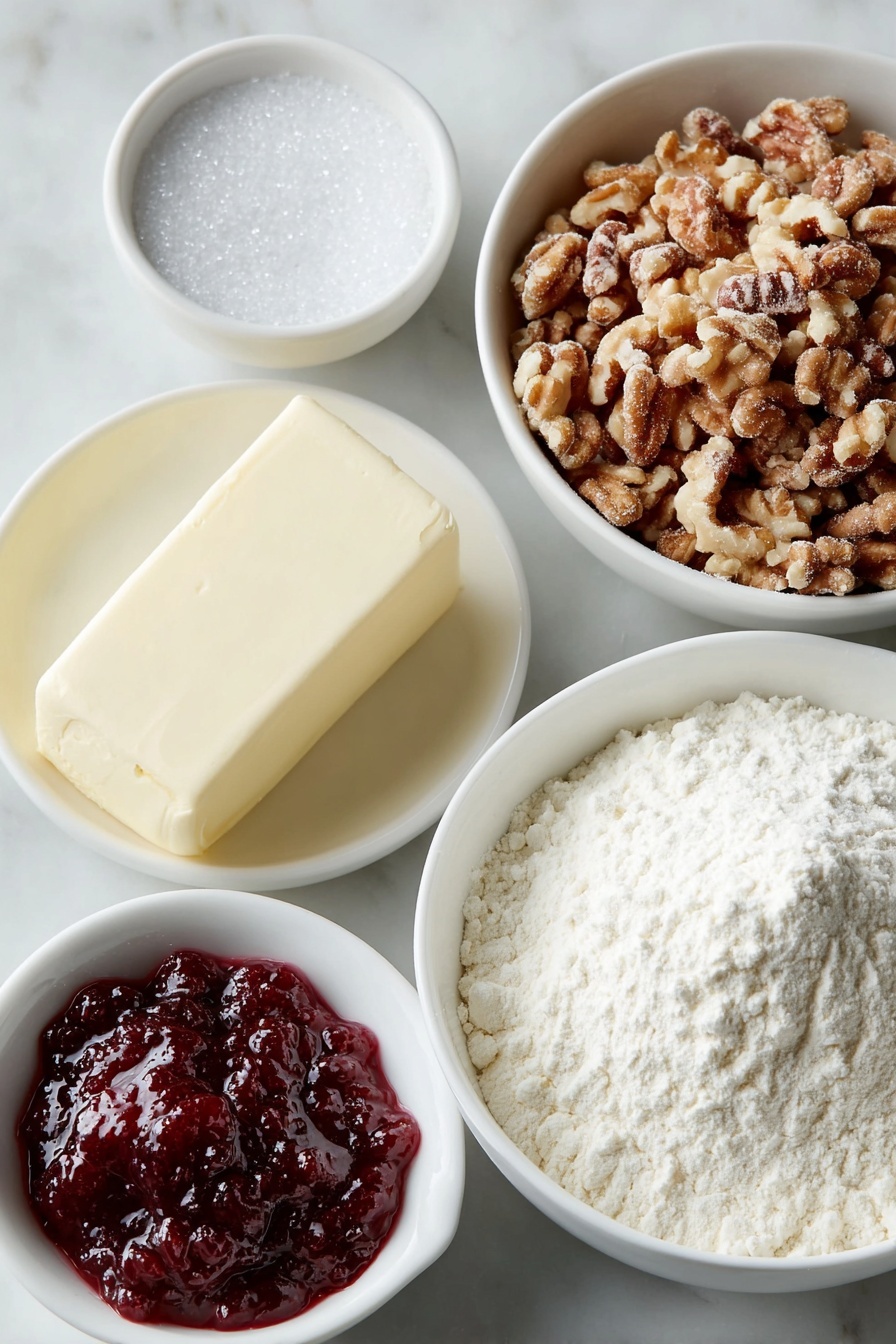 Raspberry Pinwheel Cookies, raspberry swirl cookies, festive cookie recipes, easy pinwheel cookies, raspberry jam cookies - Flat lay of a small mound of white all-purpose flour, a pinch of fine salt beside it, a neat block of smooth cream cheese, a chunk of pale yellow butter, a small white bowl filled with vibrant red raspberry jam, a scattering of coarsely chopped fresh walnuts, and another small white bowl holding sparkling coarse sugar, all arranged symmetrically on a simple white ceramic plate and bowls, placed on a clean white marble surface, soft natural light, photo taken with an iPhone, professional food photography style, fresh ingredients, white ceramic bowls, no bottles, no duplicates, no utensils, no packaging --ar 2:3 --v 7 --p m7354615311229779997