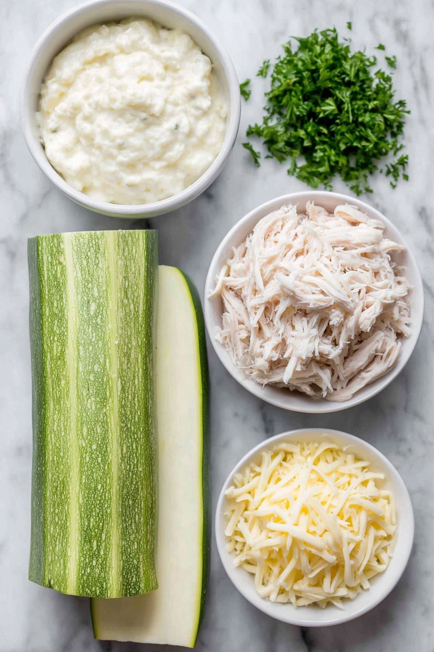 Chicken Alfredo Zucchini Roll-Ups, low-carb zucchini roll-ups, healthy Alfredo chicken wraps, easy zucchini roll-up recipes, cheesy chicken zucchini bundles - Flat lay of a large thick zucchini sliced lengthwise showing fresh green skin and pale interior, a small neat pile of shredded white chicken breast meat, a small white ceramic bowl filled with creamy alfredo sauce, a small mound of shredded mozzarella cheese with soft white strands, a small pile of thinly shaved pale yellow parmesan cheese, and a few fresh sprigs of bright green parsley arranged symmetrically in simple white ceramic bowls, placed on a clean white marble surface, soft natural light, photo taken with an iPhone, professional food photography style, fresh ingredients, white ceramic bowls, no bottles, no duplicates, no utensils, no packaging --ar 2:3 --v 7 --p m7354615311229779997