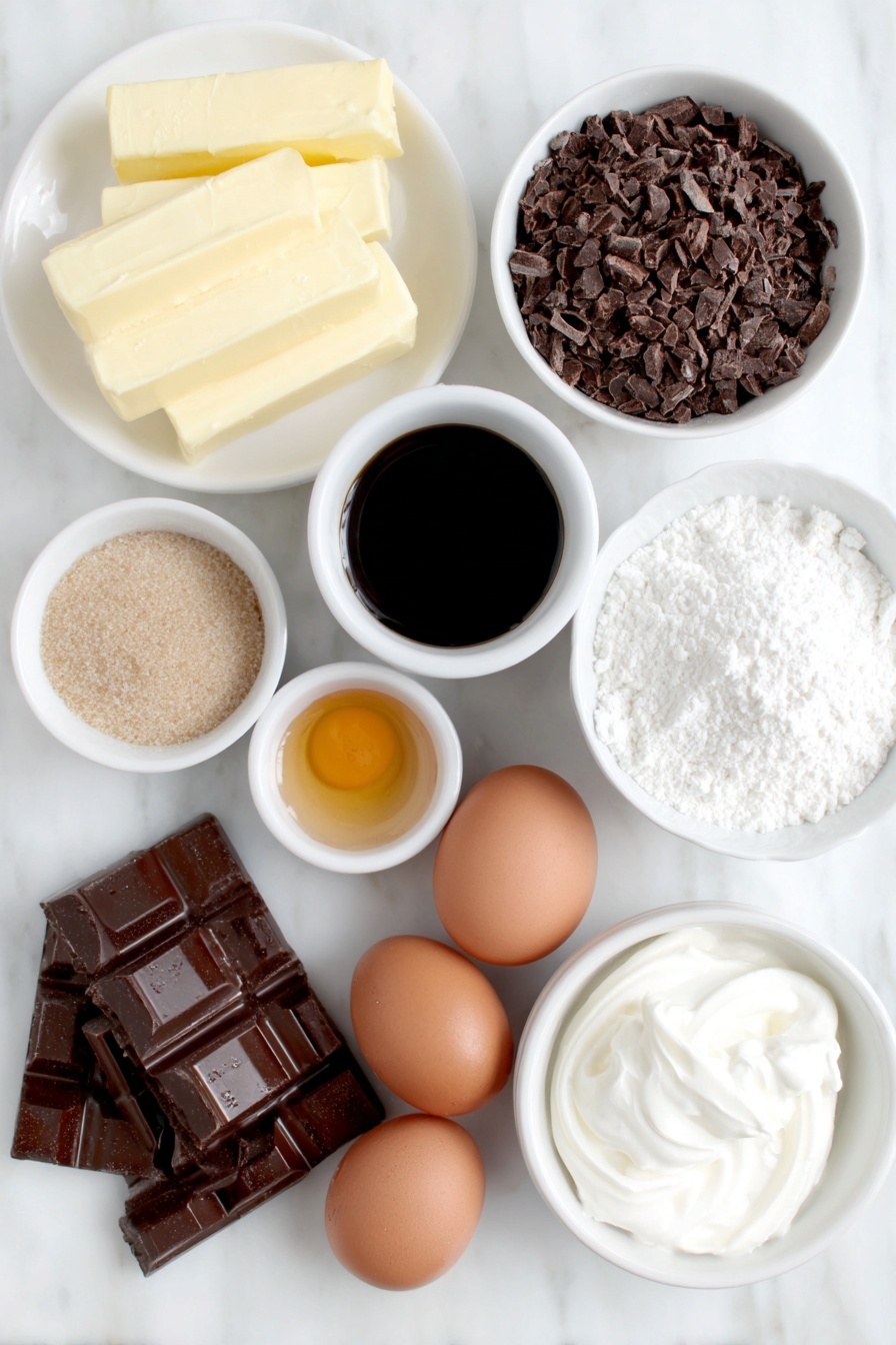 Dark Chocolate Espresso Cake with Brown Butter Frosting, decadent chocolate cake, espresso dessert, homemade chocolate layer cake, rich brown butter frosting - Flat lay of unsalted butter sticks, a small white bowl of rich dark espresso coffee, a small white bowl of fine cocoa powder, roughly chopped dark chocolate bar pieces, light brown sugar piled naturally on a white ceramic plate, a small white bowl of golden bourbon vanilla extract, a small white bowl of kosher salt crystals, three whole brown eggs with clean shells, two whole egg yolks in a small white bowl, a small white bowl of all-purpose flour, a small white bowl of baking soda powder, a small white bowl of powdered sugar, and a small white bowl of cold heavy cream placed on a clean white marble surface, soft natural light, photo taken with an iPhone, professional food photography style, fresh ingredients, white ceramic bowls, no bottles, no duplicates, no utensils, no packaging --ar 2:3 --v 7 --p m7354615311229779997