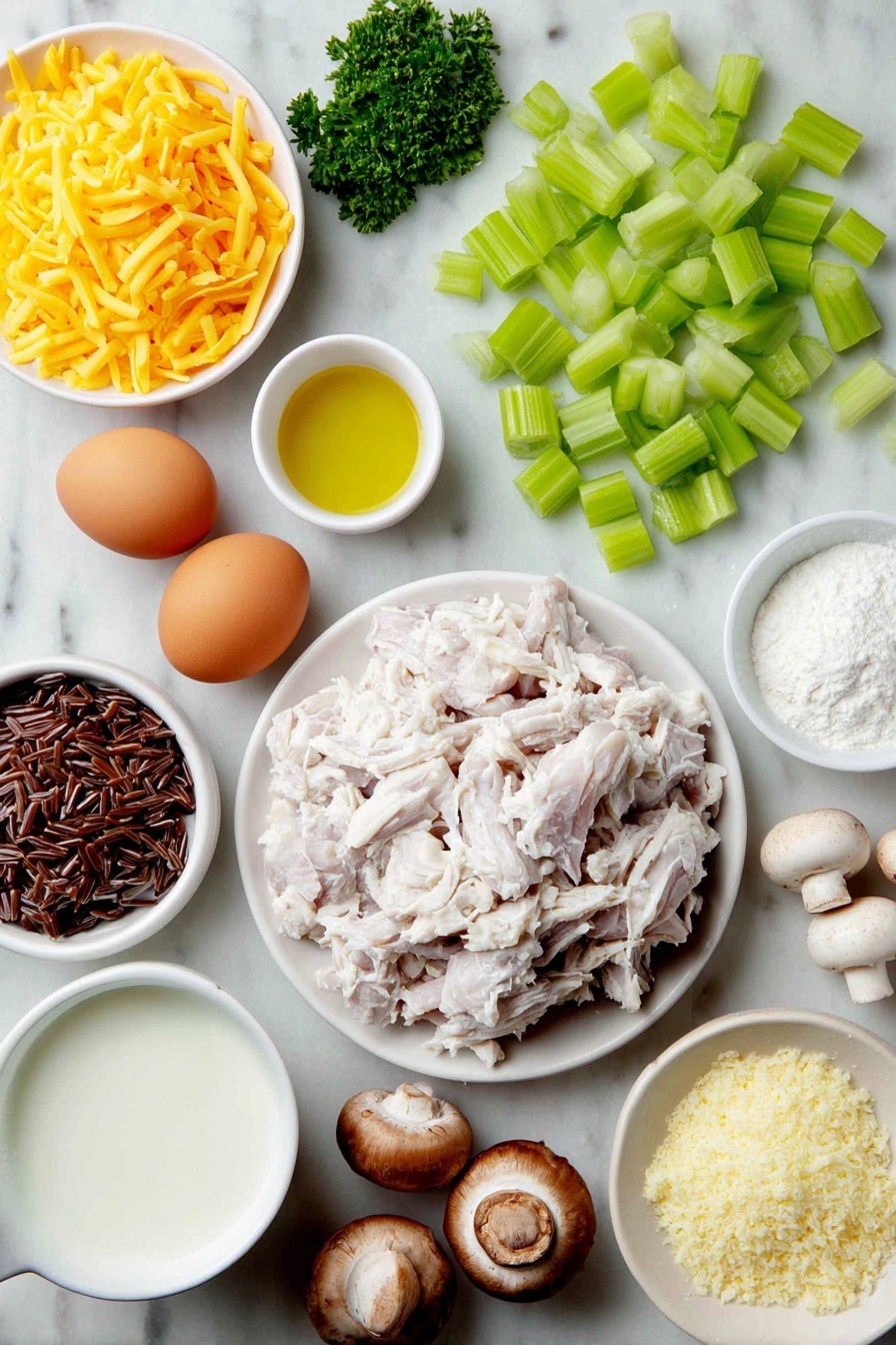 Chicken Wild Rice Casserole with Creamy Sauce, hearty chicken rice bake, creamy chicken casserole, wild rice and chicken dish, comforting casserole recipe - Flat lay of raw chopped chicken breasts in a small pile, a small mound of cooked wild rice blend, a whole yellow onion diced into cubes, three fresh celery stalks chopped, three peeled and chopped carrots, six unpeeled garlic cloves minced, a cluster of sliced baby Bella mushrooms, two whole brown eggs with clean shells, a few sprigs of fresh parsley, a small white ceramic bowl of olive oil, a small white ceramic bowl of unsalted butter, a small white ceramic bowl of low sodium chicken broth, a small white ceramic bowl of milk, a small white ceramic bowl of cornstarch, a small white ceramic bowl of all-purpose flour, a small white ceramic bowl of freshly grated sharp cheddar cheese, a small white ceramic bowl of freshly grated Parmesan cheese, a small white ceramic bowl of panko breadcrumbs, all ingredients arranged in perfect symmetry on a clean white marble surface, soft natural light, photo taken with an iPhone, professional food photography style, fresh ingredients, white ceramic bowls, no bottles, no duplicates, no utensils, no packaging --ar 2:3 --v 7 --p m7354615311229779997