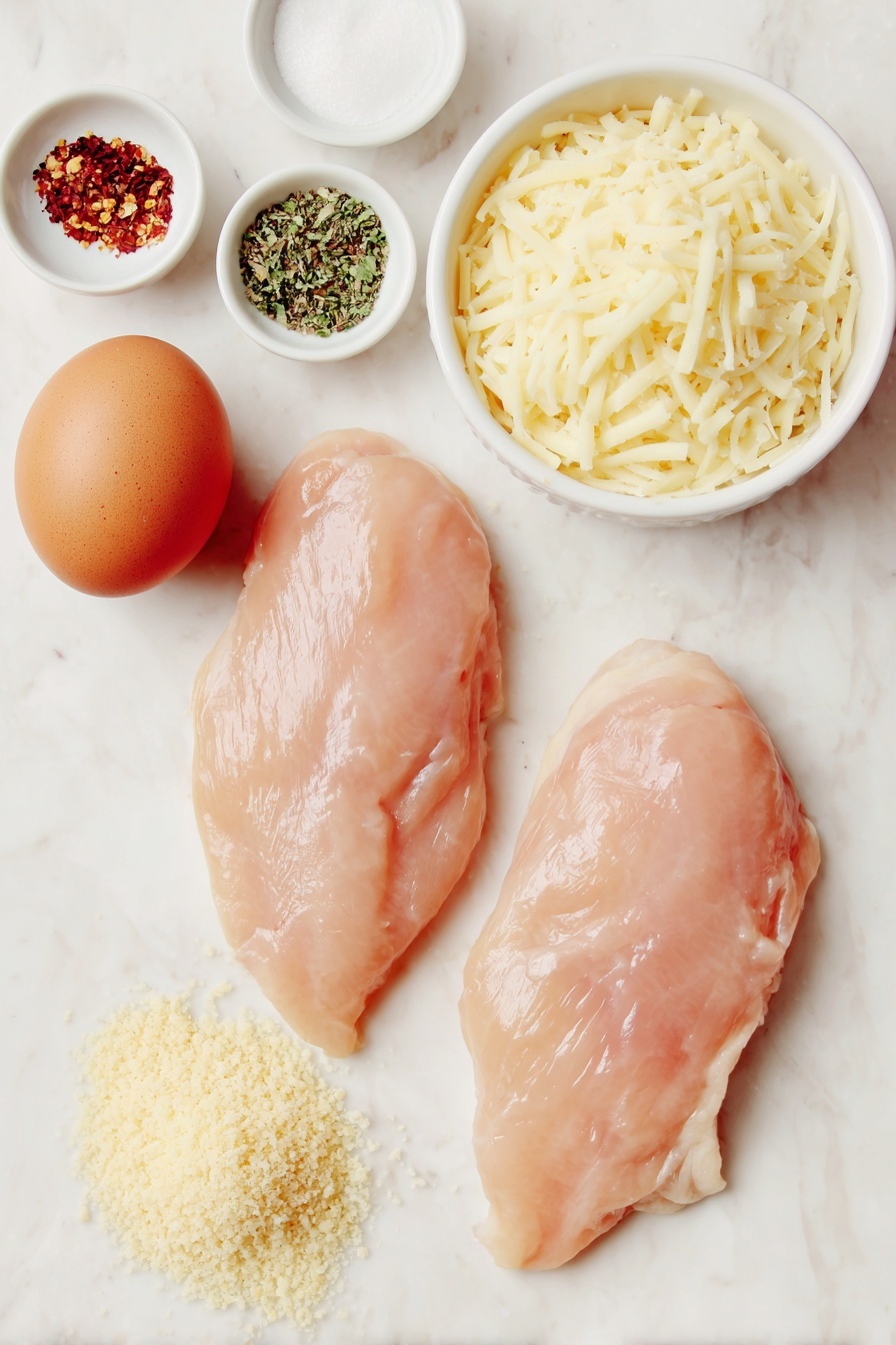 Crispy Air Fryer Parmesan Chicken, healthy chicken recipes, easy air fryer chicken, crunchy baked chicken, quick dinner ideas - Flat lay of two large raw boneless, skinless chicken breasts, a small mound of finely grated pale yellow Parmesan cheese, a small heap of golden Panko breadcrumbs, a small white bowl filled with mixed Italian seasoning herbs, a small white bowl with fine garlic powder, a small white bowl with coarse Kosher salt, a small white bowl of freshly ground black pepper, one large whole brown egg with a clean shell, all arranged symmetrically on a clean white marble surface, soft natural light, photo taken with an iPhone, professional food photography style, fresh ingredients, white ceramic bowls, no bottles, no duplicates, no utensils, no packaging --ar 2:3 --v 7 --p m7354615311229779997