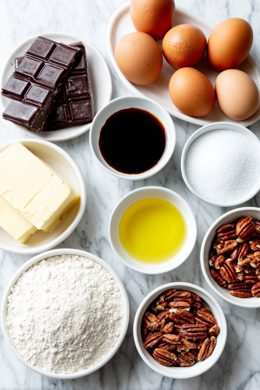 Gooey Pecan Pie Brownies, pecan pie brownies, chocolate pecan brownies, caramel pecan brownies, fudge brownie dessert - Flat lay of whole uncracked brown eggs, a small pile of glossy dark chocolate chunks, a few sticks of unsalted butter, a small white bowl of granulated sugar, a small white bowl with dark brown instant coffee dissolved in water, a small heap of sifted all-purpose flour, a small mound of sifted Dutch processed cocoa powder, a small white bowl of maple syrup, a small white bowl of light brown sugar, a small white bowl of melted butter, a small white bowl with golden vanilla extract, toasted pecan halves and pieces scattered naturally, all arranged with perfect symmetry on simple white ceramic bowls and dishes, placed on a clean white marble surface, soft natural light, photo taken with an iPhone, professional food photography style, fresh ingredients, white ceramic bowls, no bottles, no duplicates, no utensils, no packaging --ar 2:3 --v 7 --p m7354615311229779997