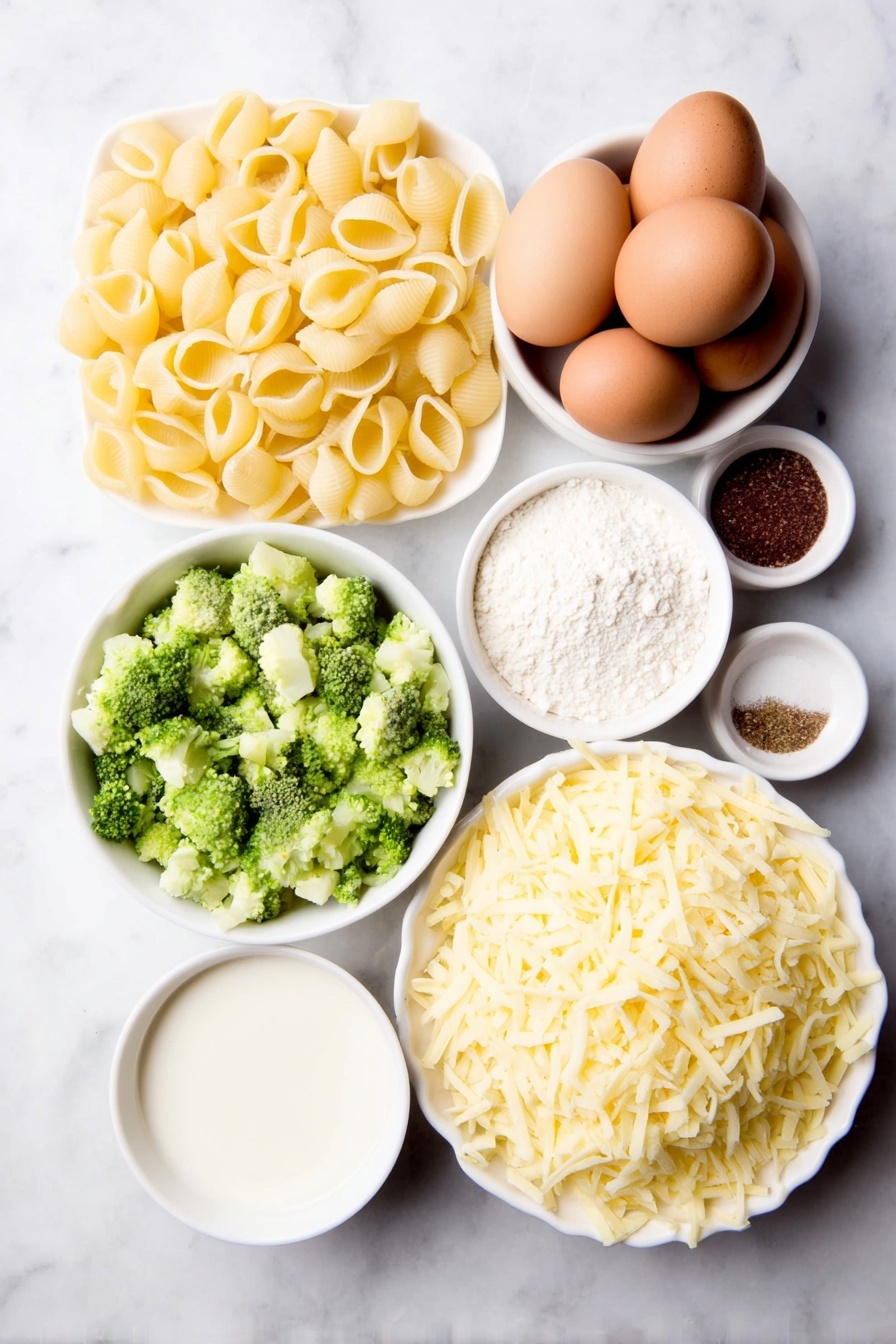 Baked Broccoli Mac and Cheese, cheesy broccoli pasta bake, healthy baked mac and cheese, broccoli pasta casserole, easy cheesy veggie pasta - Flat lay of medium shell pasta, bright green diced fresh broccoli florets, four tablespoons of golden salted butter, a small white bowl of fine white flour, a small white bowl of whole milk, whole uncracked brown eggs, a small white bowl of kosher salt crystals, a small white bowl of ground black pepper, a small white bowl of garlic powder, a small white bowl holding a pinch of ground nutmeg, a small white bowl heaped with shredded sharp cheddar cheese, and a small white bowl filled with golden seasoned panko bread crumbs, all arranged in perfect symmetry on a clean white marble surface, soft natural light, photo taken with an iPhone, professional food photography style, fresh ingredients, white ceramic bowls, no bottles, no duplicates, no utensils, no packaging --ar 2:3 --v 7 --p m7354615311229779997