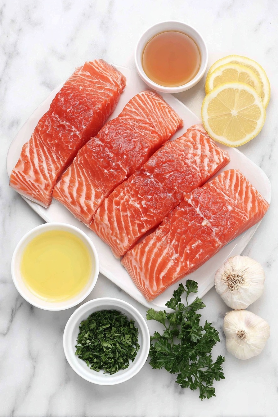 Grilled Salmon with Honey Soy Marinade, honey soy salmon, grilled fish recipe, easy salmon marinade, healthy seafood dishes - Flat lay of four fresh salmon fillets with skin on, a small white bowl of light brown soy sauce, a small white bowl with bright yellow lemon juice, a small white bowl of golden honey, a small white bowl of greenish olive oil, two whole uncracked garlic cloves, a few sprigs of fresh green parsley, and three thin lemon slices arranged symmetrically on simple white ceramic dishes, placed on a clean white marble surface, soft natural light, photo taken with an iPhone, professional food photography style, fresh ingredients, white ceramic bowls, no bottles, no duplicates, no utensils, no packaging --ar 2:3 --v 7 --p m7354615311229779997