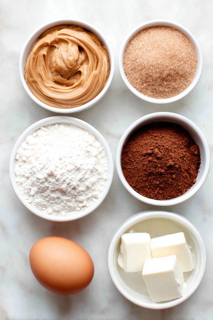 Chocolate Peanut Butter Cookies, Peanut Butter Chocolate Cookies, Easy Peanut Butter Cookies, Fudgy Peanut Butter Cookies, Quick Chocolate Cookies - Flat lay of a small white ceramic bowl of creamy peanut butter, a small white ceramic bowl of light brown sugar packed firmly, a small white ceramic bowl of all purpose flour, a small white ceramic bowl of unsweetened cocoa powder scooped and swept, a small white ceramic bowl of milk, one whole uncracked large brown egg, a small white ceramic bowl with a portion of solid shortening, a small white ceramic bowl of fine salt, a small white ceramic bowl of baking soda, and a small white ceramic bowl of clear vanilla extract placed on a clean white marble surface, soft natural light, photo taken with an iPhone, professional food photography style, fresh ingredients, white ceramic bowls, no bottles, no duplicates, no utensils, no packaging --ar 2:3 --v 7 --p m7354615311229779997