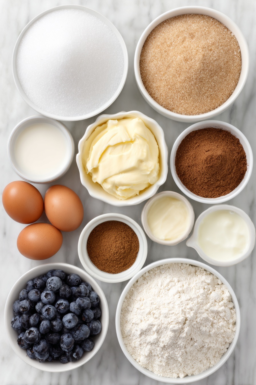 Blueberry Pie with Crumb Topping, blueberry pie recipe, easy blueberry pie, homemade blueberry dessert, blueberry crumble pie - Flat lay of a small white ceramic bowl of white granulated sugar, a small white ceramic bowl of light brown sugar, a small white ceramic bowl of all-purpose flour, a small white ceramic bowl of ground cinnamon, a small white ceramic bowl of ground nutmeg, two whole brown eggs with clean shells, a small white ceramic bowl of sour cream, a small white ceramic bowl of clear vanilla extract, a small white ceramic bowl of melted butter, a small white ceramic bowl filled with fresh plump blueberries, placed on a clean white marble surface, soft natural light, photo taken with an iPhone, professional food photography style, fresh ingredients, white ceramic bowls, no bottles, no duplicates, no utensils, no packaging --ar 2:3 --v 7 --p m7354615311229779997