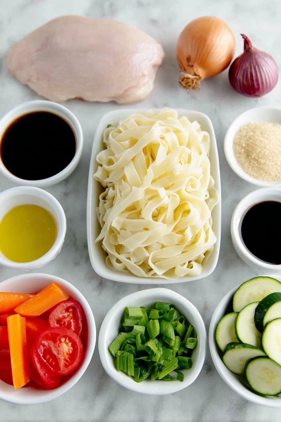 Drunken Noodles with Chicken, Thai Drunken Noodles Recipe, Spicy Chicken Noodles Thai, Easy Thai Chicken Noodles, Authentic Thai Noodles Recipe - Flat lay of wide rice noodles arranged neat and flat, a small white bowl of golden sesame oil, two whole uncracked shallots with smooth purple skin, two fresh orange carrots thinly sliced, a large raw chicken breast with pale pink flesh, three whole uncracked bulbs of garlic, a small white bowl with finely minced fresh ginger, a fresh green zucchini thinly sliced, a green bell pepper sliced into thin strips, two chopped green onions with white and green parts separated, a fresh roma tomato sliced into rounds, a small pile of bright green Thai Holy Basil leaves roughly chopped, and a small white bowl holding a dark oyster sauce, another small white bowl with rich low sodium soy sauce, a small white bowl with clear fish sauce, a small white bowl of brown sugar crystals, a small white bowl of clear water, and a small white bowl with vivid red Thai chili paste — all perfectly arranged in balanced symmetry on a clean white marble surface, soft natural light, photo taken with an iPhone, professional food photography style, fresh ingredients, white ceramic bowls, no bottles, no duplicates, no utensils, no packaging --ar 2:3 --v 7 --p m7354615311229779997