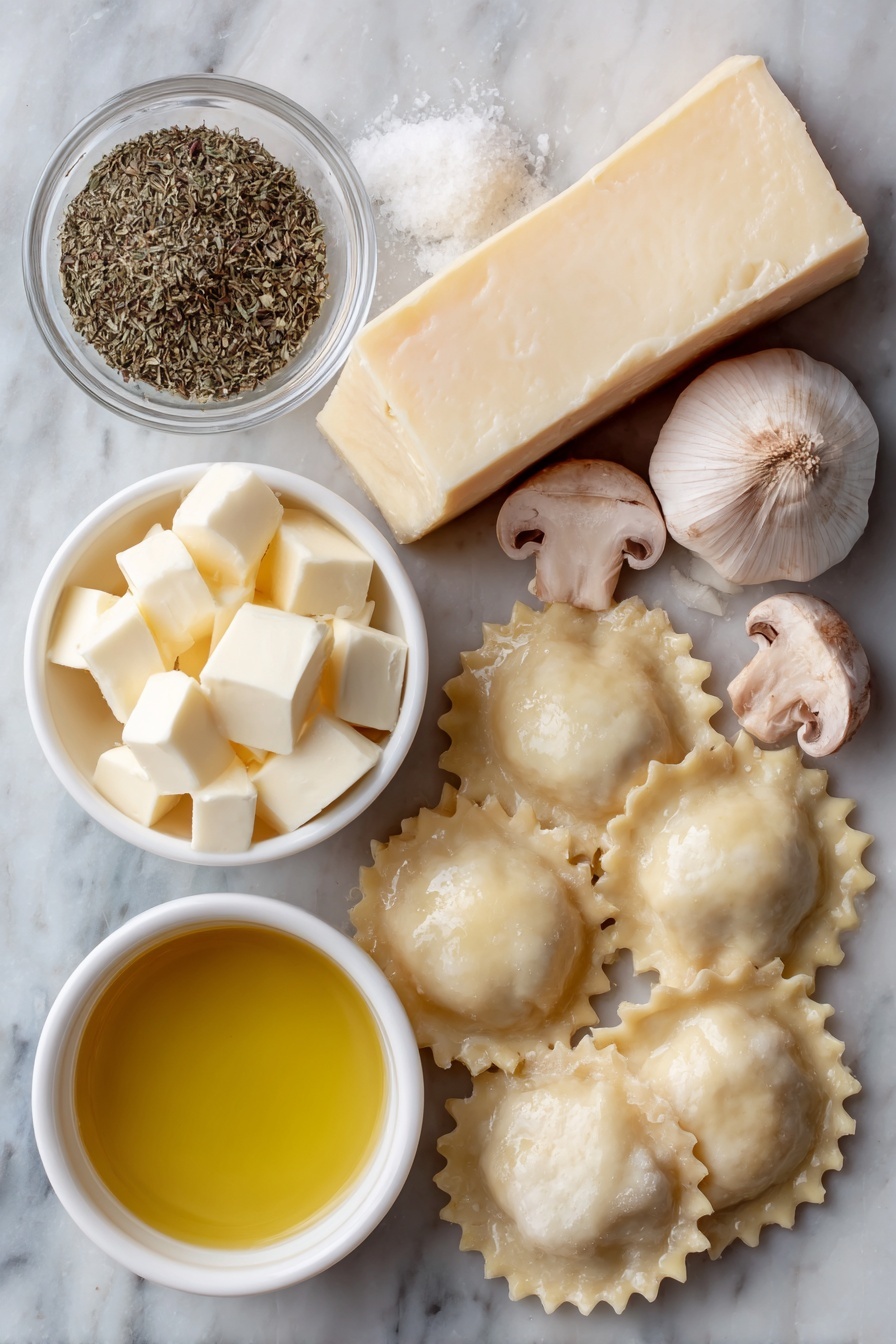 Creamy Mushroom Ravioli, Mushroom Ravioli Recipe, Easy Mushroom Pasta, Vegetarian Ravioli Dish, Comfort Food Pasta - Flat lay of fresh mushroom ravioli with ruffled edges, a small pile of thinly sliced cremini mushrooms, three whole garlic cloves with smooth pale skins, a few small cubes of creamy butter, a small white ceramic bowl filled with golden olive oil, a small white ceramic bowl with thick heavy cream, a small white ceramic bowl containing clear golden chicken broth, a small heap of mixed dried Italian herbs, a small pile of coarse sea salt crystals, and a small mound of freshly cracked black peppercorns placed on a clean white marble surface, soft natural light, photo taken with an iPhone, professional food photography style, fresh ingredients, white ceramic bowls, no bottles, no duplicates, no utensils, no packaging --ar 2:3 --v 7 --p m7354615311229779997