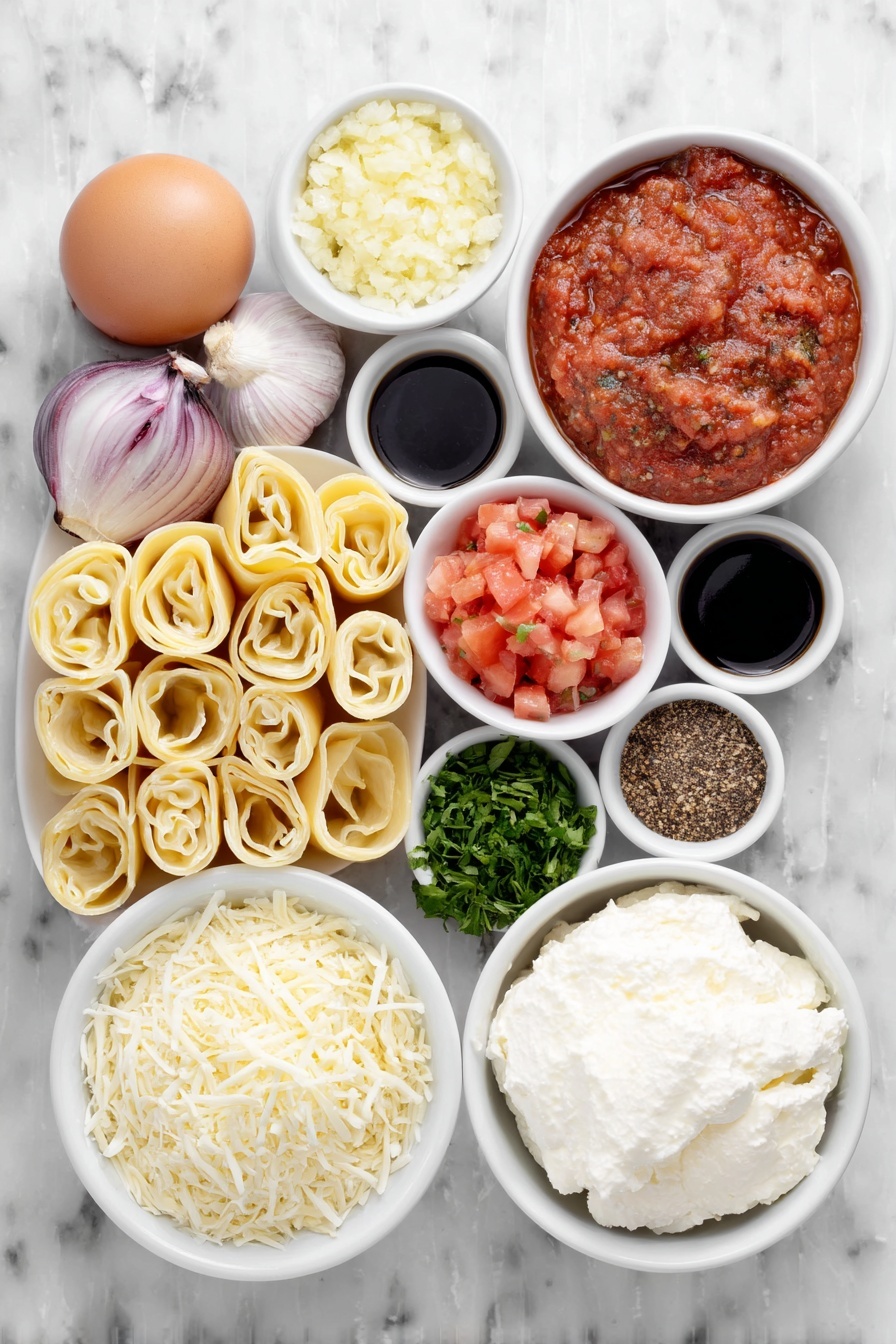 Easy Manicotti with Ricotta and Tomato Sauce, cheesy manicotti dish, homemade Italian manicotti, simple baked pasta recipes, crowd-pleasing Italian dinners - Flat lay of a small white ceramic bowl of extra-virgin olive oil, a small white bowl filled with finely chopped yellow onion, a small white bowl with minced garlic, a small white bowl of dried Italian seasoning, a small white bowl of tomato paste, a small white bowl heaping with crushed tomatoes, a small white bowl of diced tomatoes with juices, a small white bowl of kosher salt, a small white bowl of black pepper, uncooked manicotti pasta tubes arranged neatly, a small white bowl with whole-milk ricotta cheese, a small white bowl with shredded mozzarella cheese, a small white bowl of grated parmesan cheese, one large brown egg with clean shell, a small white bowl of chopped Italian parsley, a small white bowl of chopped basil, and a small white bowl containing ground nutmeg, all ingredients fresh and natural, placed on a clean white marble surface, soft natural light, photo taken with an iPhone, professional food photography style, fresh ingredients, white ceramic bowls, no bottles, no duplicates, no utensils, no packaging --ar 2:3 --v 7 --p m7354615311229779997