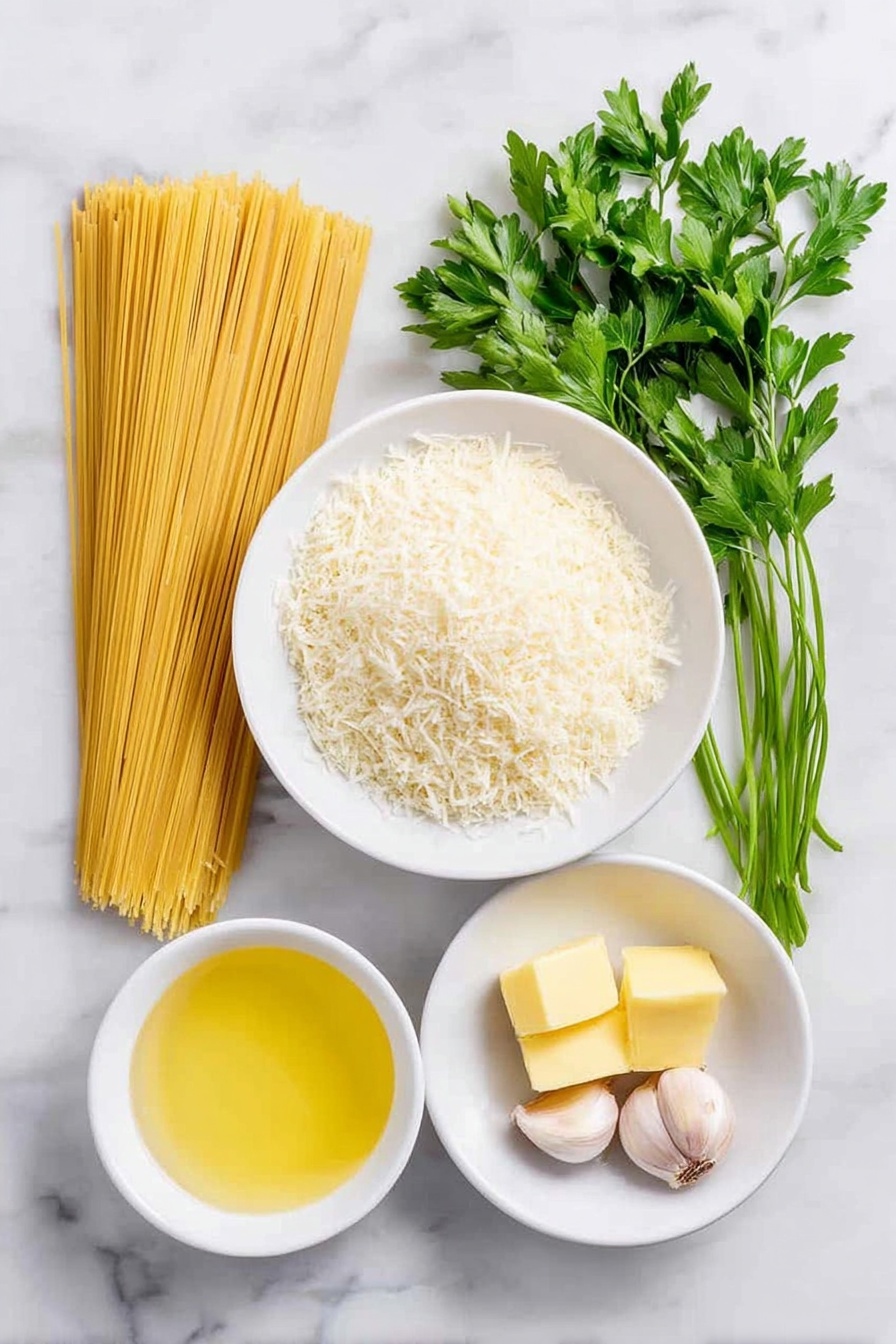 Garlic Parmesan Pasta, easy garlic pasta recipe, creamy garlic pasta, one-pot garlic pasta, quick Parmesan pasta - Flat lay of a small pile of finely grated Parmesan cheese on a simple white ceramic plate, three tablespoons of golden butter in a small white bowl, four fresh garlic cloves peeled and whole, a small white bowl filled with clear chicken broth, a small white bowl of fresh whole milk, a neat bundle of uncooked angel hair pasta, and a few sprigs of vibrant fresh parsley arranged symmetrically around the ingredients, placed on a clean white marble surface, soft natural light, photo taken with an iPhone, professional food photography style, fresh ingredients, white ceramic bowls, no bottles, no duplicates, no utensils, no packaging --ar 2:3 --v 7 --p m7354615311229779997