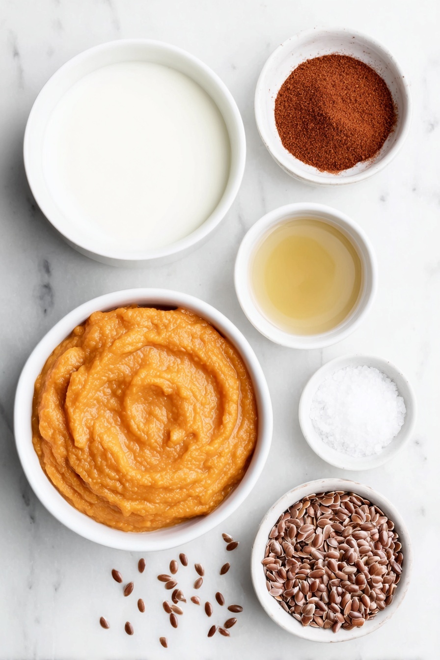 Pumpkin Chia Seed Pudding, healthy pumpkin pudding, fall dessert recipes, vegan chia pudding, cozy pumpkin snack - Flat lay of a small white ceramic bowl of smooth bright orange pumpkin puree, a few whole brown chia seeds sprinkled next to it on the white marble surface, a small white bowl filled with creamy milk, another small white bowl containing amber maple syrup, a tiny white bowl with reddish-brown pumpkin pie spice powder, and a very small white bowl holding fine white salt crystals, all ingredients fresh and natural, perfectly arranged in balanced symmetry, placed on a clean white marble surface, soft natural light, photo taken with an iPhone, professional food photography style, fresh ingredients, white ceramic bowls, no bottles, no duplicates, no utensils, no packaging --ar 2:3 --v 7 --p m7354615311229779997