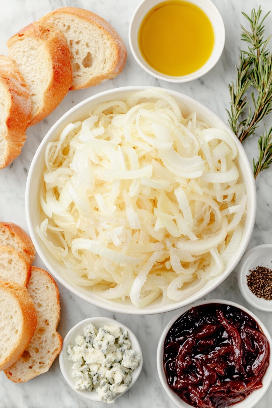 Caramelized Onion and Blue Cheese Crostini, caramelized onion crostini with blue cheese, easy appetizer recipes, sophisticated finger foods, gourmet snack ideas - Flat lay of a large peeled vidalia onion halved and thinly sliced, a small white bowl of extra-virgin olive oil, a small white bowl of kosher salt, a small white bowl of balsamic vinegar, several thinly sliced rounds of a fresh baguette arranged neatly, a small white bowl filled with dark purple fig preserves, a small white bowl with crumbly blue cheese, two fresh rosemary sprigs torn into pieces, and a small white bowl of freshly ground black pepper, all placed on a clean white marble surface, soft natural light, photo taken with an iPhone, professional food photography style, fresh ingredients, white ceramic bowls, no bottles, no duplicates, no utensils, no packaging --ar 2:3 --v 7 --p m7354615311229779997