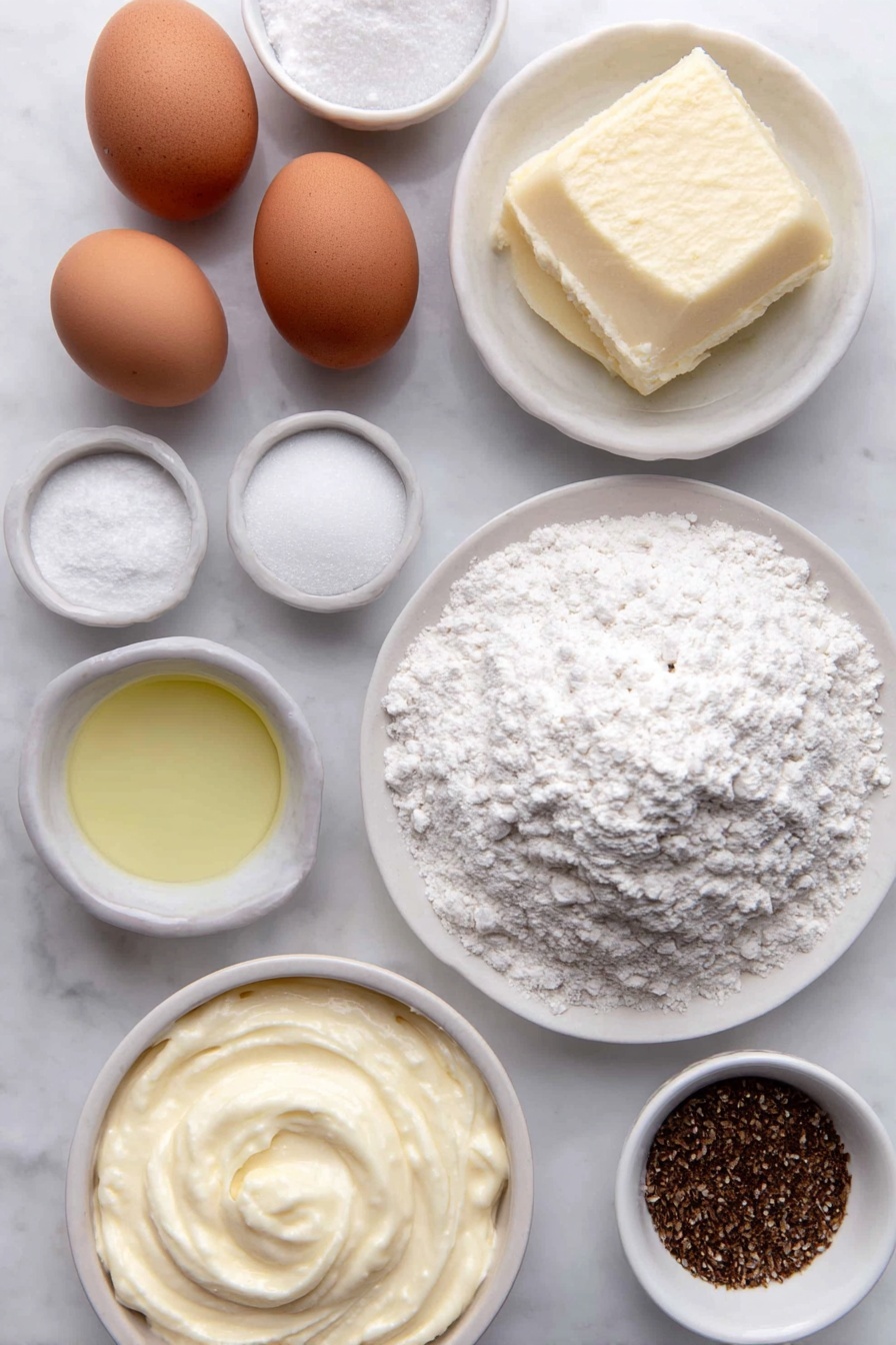 Eggnog Bread Christmas Bread Holiday Sweet Bread Festive Baking - Flat lay of two whole uncracked brown eggs, a small white ceramic bowl of granulated sugar, a small white ceramic bowl filled with creamy pale yellow eggnog, a small white ceramic bowl with melted golden butter, a small white ceramic bowl of clear vanilla extract, a simple mound of all-purpose flour on a white ceramic plate, a small white ceramic bowl with ground nutmeg, a small white ceramic bowl of baking powder, a small white ceramic bowl of fine salt, a small white ceramic bowl of powdered sugar, and a small white ceramic bowl with additional eggnog for icing, accompanied by a sprinkle of whole nutmeg seeds arranged neatly beside the bowls, all ingredients fresh and natural, perfectly balanced and symmetrical layout, placed on a clean white marble surface, soft natural light, photo taken with an iPhone, professional food photography style, fresh ingredients, white ceramic bowls, no bottles, no duplicates, no utensils, no packaging --ar 2:3 --v 7 --p m7354615311229779997