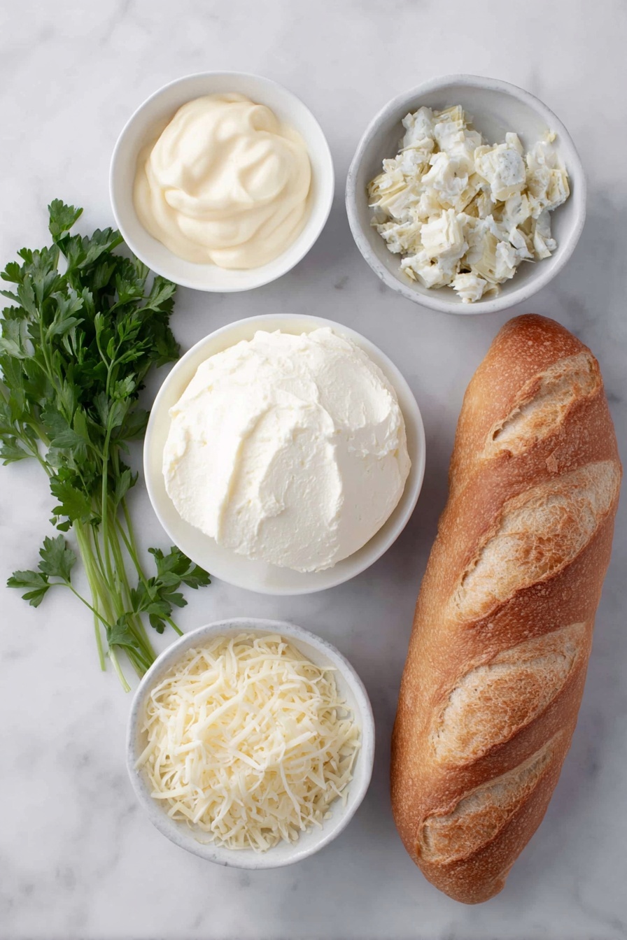 Cheesy Artichoke Bruschetta, artichoke appetizer, cheesy crostini, easy party appetizers, flavorful bruschetta recipe - Flat lay of a small mound of smooth, softened cream cheese, a small white bowl filled with creamy mayonnaise, a small white bowl containing chopped artichoke hearts, a small white bowl heaped with grated Parmesan cheese, a small white bowl piled with shredded mozzarella cheese, a small white bowl holding fine garlic salt, a few angled slices of fresh French baguette with a golden crust and soft interior, and a small bunch of fresh parsley sprigs, all arranged symmetrically on a clean white marble surface, soft natural light, photo taken with an iPhone, professional food photography style, fresh ingredients, white ceramic bowls, no bottles, no duplicates, no utensils, no packaging --ar 2:3 --v 7 --p m7354615311229779997