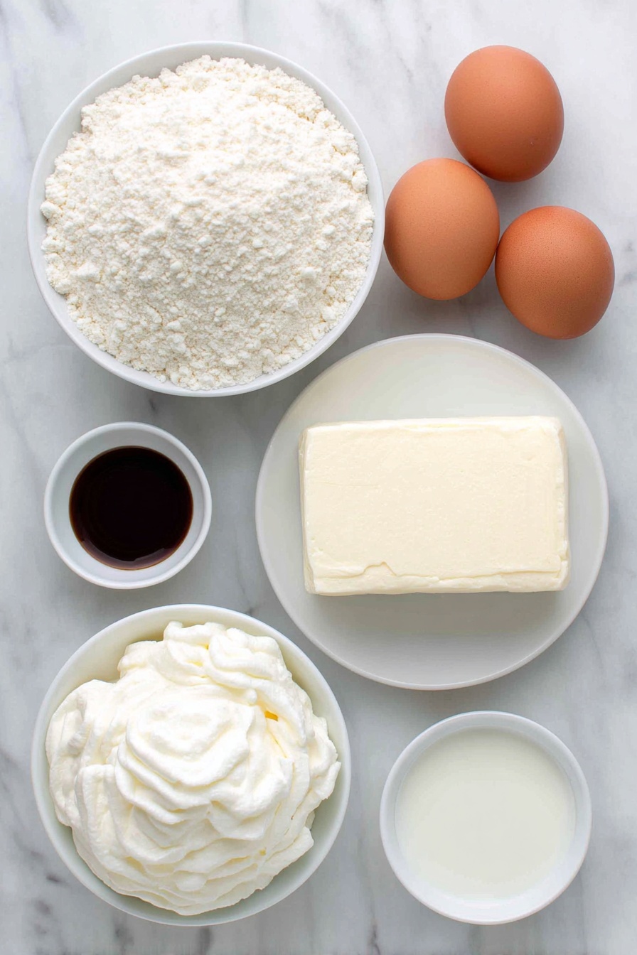 Christmas Sugar Cookie Dip, holiday sweet dip, festive dessert dip, easy holiday party appetizer, creamy cookie dip - Flat lay of a small mound of pale beige sugar cookie mix in a simple white ceramic bowl, a block of smooth cream cheese on a white plate, a small white bowl with creamy milk, two whole brown eggs with clean shells, a small white bowl of clear vanilla extract, a small white bowl of clear almond extract, and a fluffy scoop of thawed Cool Whip in a simple white bowl, all arranged in perfect symmetry and balanced proportions, placed on a clean white marble surface, soft natural light, photo taken with an iPhone, professional food photography style, fresh ingredients, white ceramic bowls, no bottles, no duplicates, no utensils, no packaging --ar 2:3 --v 7 --p m7354615311229779997