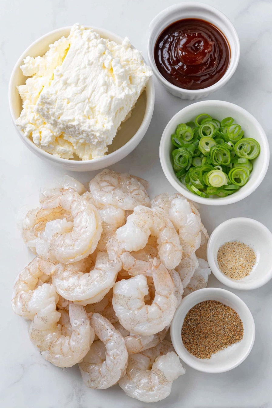 Shrimp Cocktail Dip, Shrimp Dip Recipe, Easy Shrimp Appetizer, Party Dip Ideas, Seafood Dip - Flat lay of half a pound of cooked shrimp, peeled and deveined, roughly chopped, a block of softened cream cheese, a small bunch of fresh green onions thinly sliced, a small white bowl filled with reddish cocktail sauce, a small white bowl containing thick Worcestershire sauce, a small white bowl with old bay seasoning powder, placed on a clean white marble surface, soft natural light, photo taken with an iPhone, professional food photography style, fresh ingredients, white ceramic bowls, no bottles, no duplicates, no utensils, no packaging --ar 2:3 --v 7 --p m7354615311229779997
