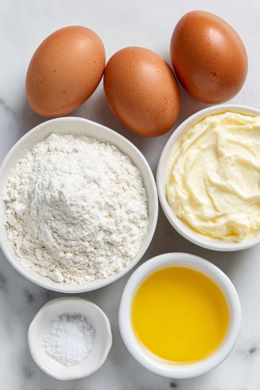 Classic Yorkshire Pudding, Yorkshire Pudding recipe, perfect Yorkshire pudding, homemade Yorkshire pudding, how to make Yorkshire pudding - Flat lay of four large whole brown eggs with clean shells, a small mound of all-purpose flour on a simple white ceramic plate, a small white bowl filled with whole milk, a smaller white bowl containing clear water, a pinch of kosher salt neatly arranged in a tiny white dish, and a small white bowl holding golden beef drippings, all placed symmetrically on a clean white marble surface, soft natural light, photo taken with an iPhone, professional food photography style, fresh ingredients, white ceramic bowls, no bottles, no duplicates, no utensils, no packaging --ar 2:3 --v 7 --p m7354615311229779997
