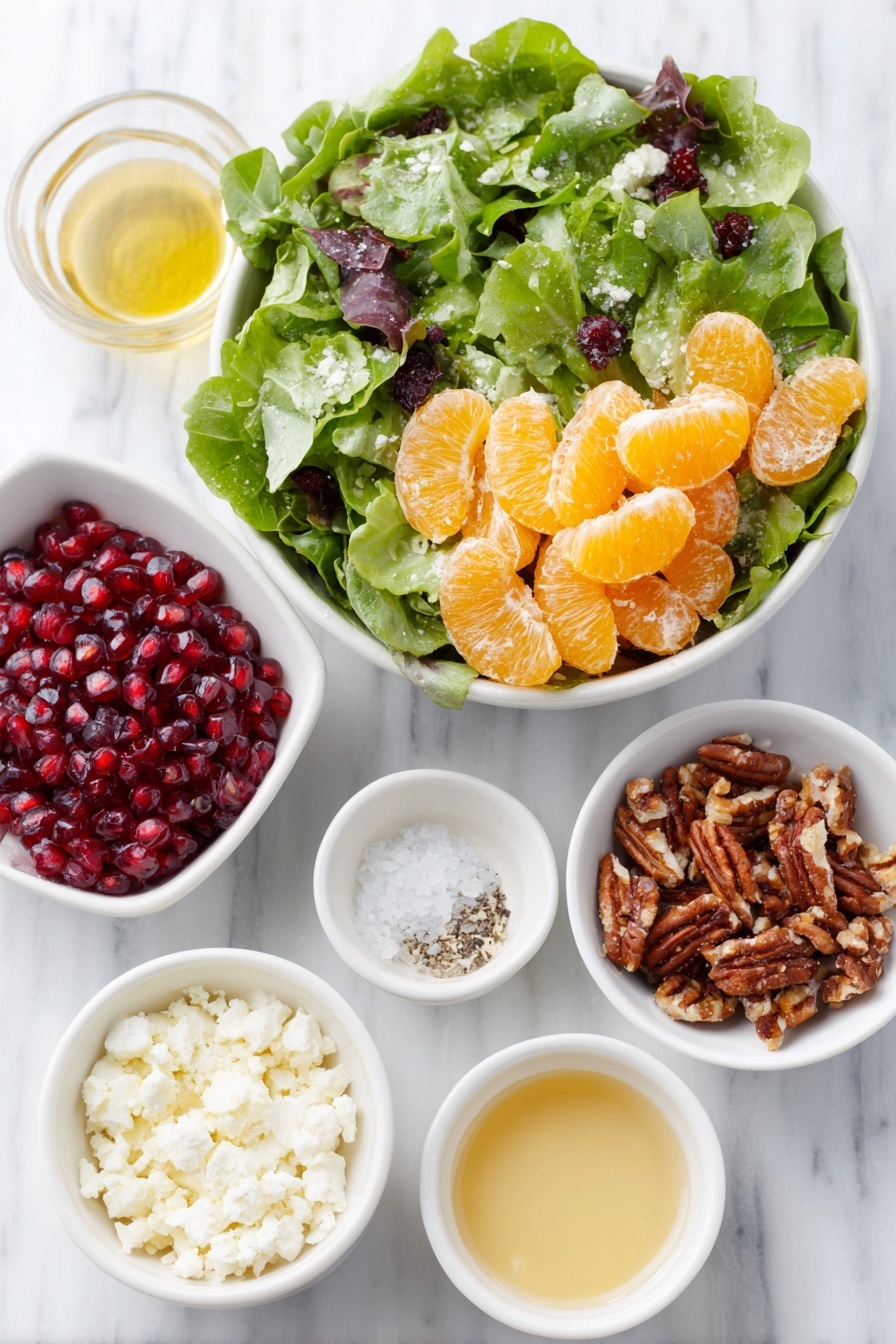 Winter Citrus Salad with Pomegranate and Feta, healthy winter citrus salad, easy citrus salad recipe, seasonal citrus and feta salad, refreshing winter fruit salad - Flat lay of fresh mixed spring greens loosely piled, bright orange mandarin segments neatly arranged, a small pile of glossy red pomegranate seeds, crumbled creamy white feta cheese, roughly chopped candied pecans, a small white ceramic bowl with golden olive oil, another small white bowl with thick honey, a small white bowl containing smooth Dijon mustard, a small white bowl holding pale amber apple cider vinegar, a small white bowl with finely minced shallot, neatly arranged salt and pepper grains in tiny white bowls, all placed on a clean white marble surface, soft natural light, photo taken with an iPhone, professional food photography style, fresh ingredients, white ceramic bowls, no bottles, no duplicates, no utensils, no packaging --ar 2:3 --v 7 --p m7354615311229779997