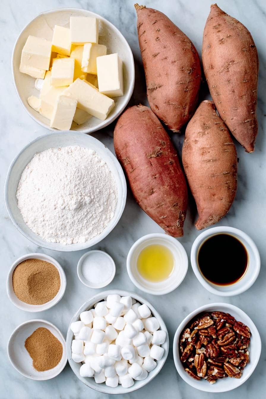 Sweet Potato Casserole with Marshmallows, holiday sweet potato casserole, creamy sweet potato side dish, marshmallow-topped casserole, festive Thanksgiving side - Flat lay of peeled and chopped large sweet potatoes, a small white ceramic bowl of unsalted butter cubes, a small white ceramic bowl of light brown sugar, a small white ceramic bowl of fine cinnamon powder, a small white ceramic bowl of ground nutmeg, a small white ceramic bowl of fine salt, a small white ceramic bowl of golden vanilla extract, a small white ceramic bowl of melted butter, a small white ceramic bowl of all purpose flour, a small white ceramic bowl of finely chopped pecan pieces, and a small white ceramic bowl filled with white mini marshmallows, all arranged in perfect symmetry on a clean white marble surface, soft natural light, photo taken with an iPhone, professional food photography style, fresh ingredients, white ceramic bowls, no bottles, no duplicates, no utensils, no packaging --ar 2:3 --v 7 --p m7354615311229779997