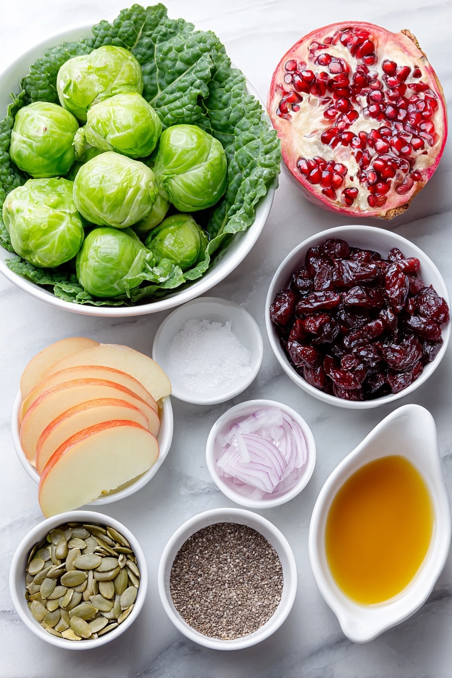 Shaved Brussels Sprouts Salad with Pomegranate, Brussels Sprouts Salad, Healthy Pomegranate Salad, Vibrant Vegetables Salad, Easy Fall Salad - Flat lay of fresh bright green Brussels sprouts, thinly sliced Dino kale leaves, a small mound of plump dried cranberries, diced red onion pieces, a handful of sunflower seeds, thinly sliced crisp apple rounds, vibrant ruby red pomegranate seeds, a small white ceramic bowl of golden extra virgin olive oil, a small white ceramic bowl of amber maple syrup, a small white ceramic bowl of apple cider vinegar, a small white ceramic bowl of smooth Dijon mustard, a small white ceramic bowl with coarse sea salt, a small white ceramic bowl of cracked black pepper, all arranged in perfect symmetry on a clean white marble surface, soft natural light, photo taken with an iPhone, professional food photography style, fresh ingredients, white ceramic bowls, no bottles, no duplicates, no utensils, no packaging --ar 2:3 --v 7 --p m7354615311229779997