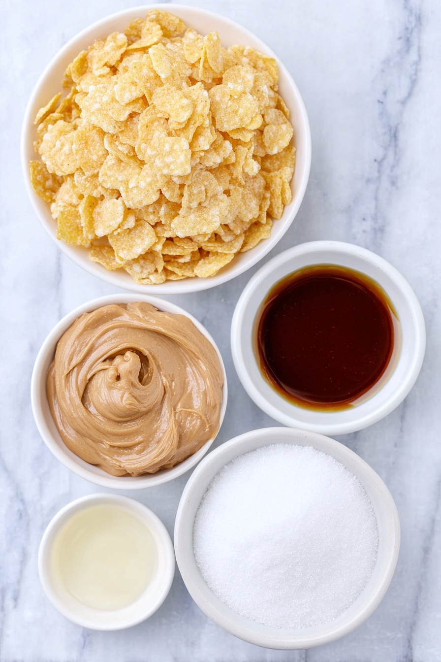 Peanut Butter Cornflake Candy, Cornflake Candy Recipes, No-Bake Candy, Easy Peanut Butter Snacks, Crunchy Confection Recipes - Flat lay of a crisp pile of golden corn flakes, a small white ceramic bowl filled with glossy amber corn syrup, another white bowl containing fine white granulated sugar, a small white bowl holding smooth creamy peanut butter, and a tiny white bowl with clear vanilla extract, all arranged symmetrically and balanced, placed on a clean white marble surface, soft natural light, photo taken with an iPhone, professional food photography style, fresh ingredients, white ceramic bowls, no bottles, no duplicates, no utensils, no packaging --ar 2:3 --v 7 --p m7354615311229779997