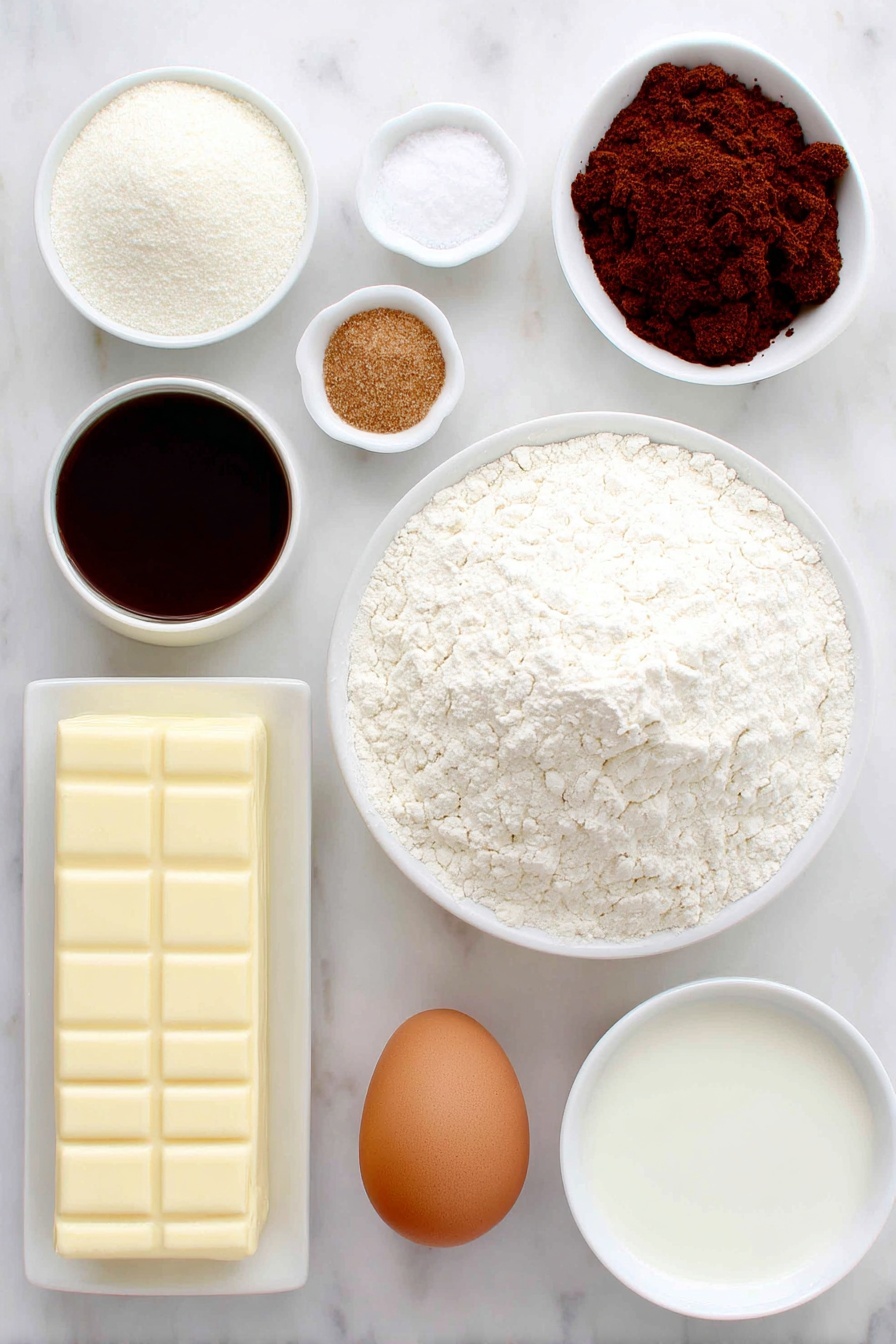 Soft Gingerbread Cookies, Gingerbread Cookies, Festive Gingerbread Cookies, Easy Gingerbread Cookies, Soft Gingerbread Cookies Recipe - Flat lay of a small mound of all-purpose flour, a small white bowl with fine baking soda powder, a small white bowl containing ground cinnamon, a small white bowl with ground ginger, a small white bowl of ground cloves, a small white bowl with coarse sea salt, a block of softened butter, a small pile of packed brown sugar, a small white bowl filled with dark molasses syrup, one large whole egg with a clean shell, a small white bowl holding clear vanilla extract, a small white bowl with powdered sugar, a small white bowl with fresh milk placed on a clean white marble surface, soft natural light, photo taken with an iPhone, professional food photography style, fresh ingredients, white ceramic bowls, no bottles, no duplicates, no utensils, no packaging --ar 2:3 --v 7 --p m7354615311229779997