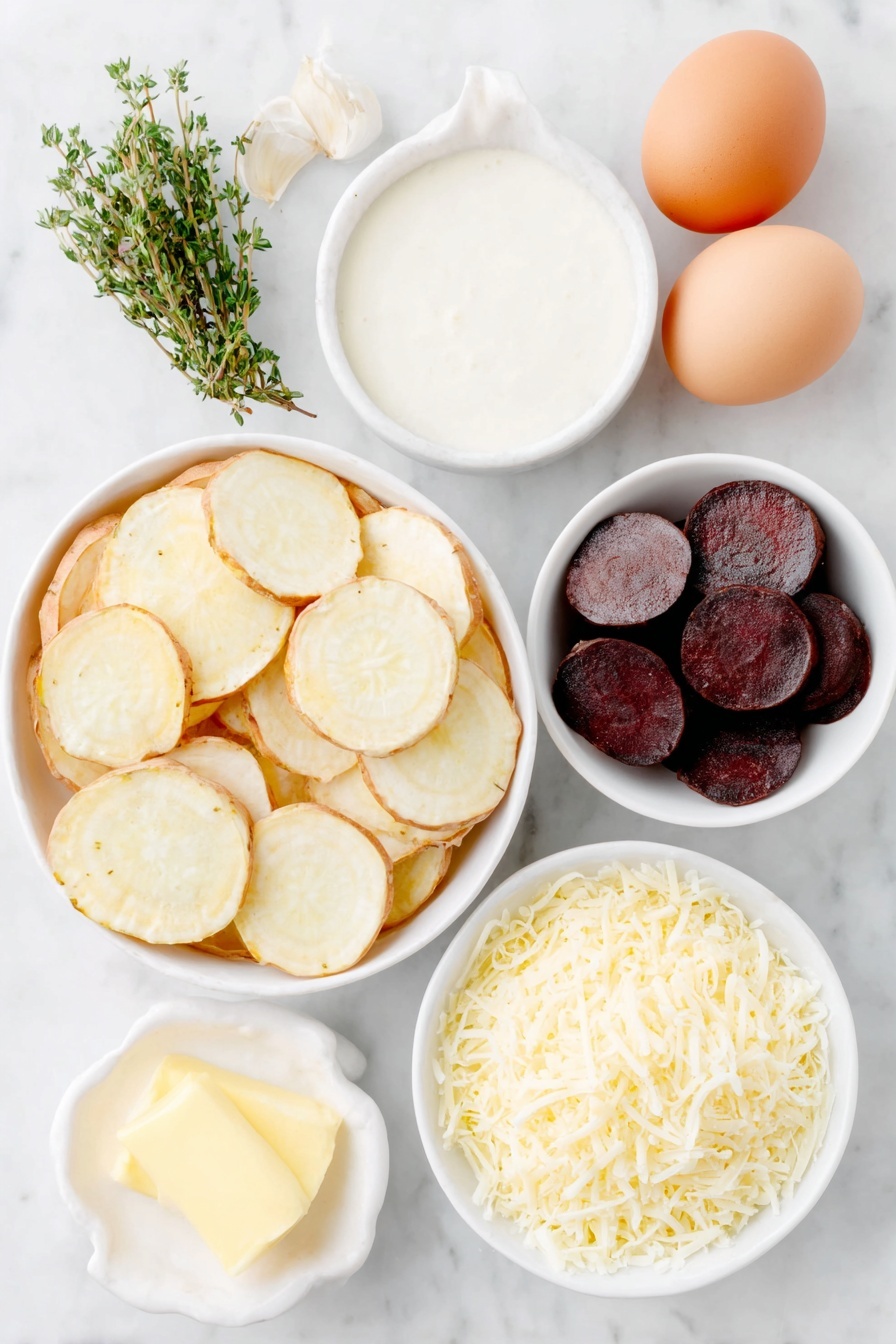 Cheesy Root Vegetable Gratin, root vegetable gratin, cheesy vegetable bake, holiday side dish, comforting vegetable casserole - Flat lay of a few long peeled sweet potatoes sliced into thin rounds in a simple white ceramic bowl, several peeled parsnips cut into thin rounds in another white ceramic bowl, a handful of peeled small beets sliced into thin rounds in a third white ceramic bowl, a small white ceramic bowl filled with heavy cream, a small white ceramic bowl with grated Parmesan cheese, a small white ceramic bowl holding shredded Gruyere cheese, a fresh small bunch of thyme sprigs, one garlic clove unpeeled, a small pat of unsalted butter, whole uncracked brown eggs, all arranged in perfect symmetrical balance, placed on a clean white marble surface, soft natural light, photo taken with an iPhone, professional food photography style, fresh ingredients, white ceramic bowls, no bottles, no duplicates, no utensils, no packaging --ar 2:3 --v 7 --p m7354615311229779997