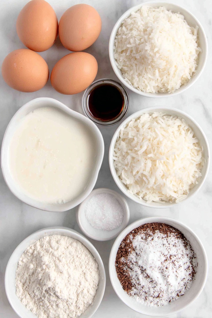 Coconut Milk Snack Cake, coconut milk cake recipe, easy coconut cake, tropical snack cake, moist coconut dessert - Flat lay of a small white ceramic bowl filled with creamy unsweetened coconut milk, a small white ceramic bowl containing melted coconut oil, two whole brown eggs with clean shells, a small white ceramic bowl of granulated sugar, a small white ceramic bowl holding clear vanilla extract, a small white ceramic bowl of all-purpose flour, a small white ceramic bowl with unsweetened shredded coconut, and a small white ceramic bowl with baking powder, all arranged symmetrically and balanced, placed on a clean white marble surface, soft natural light, photo taken with an iPhone, professional food photography style, fresh ingredients, white ceramic bowls, no bottles, no duplicates, no utensils, no packaging --ar 2:3 --v 7 --p m7354615311229779997