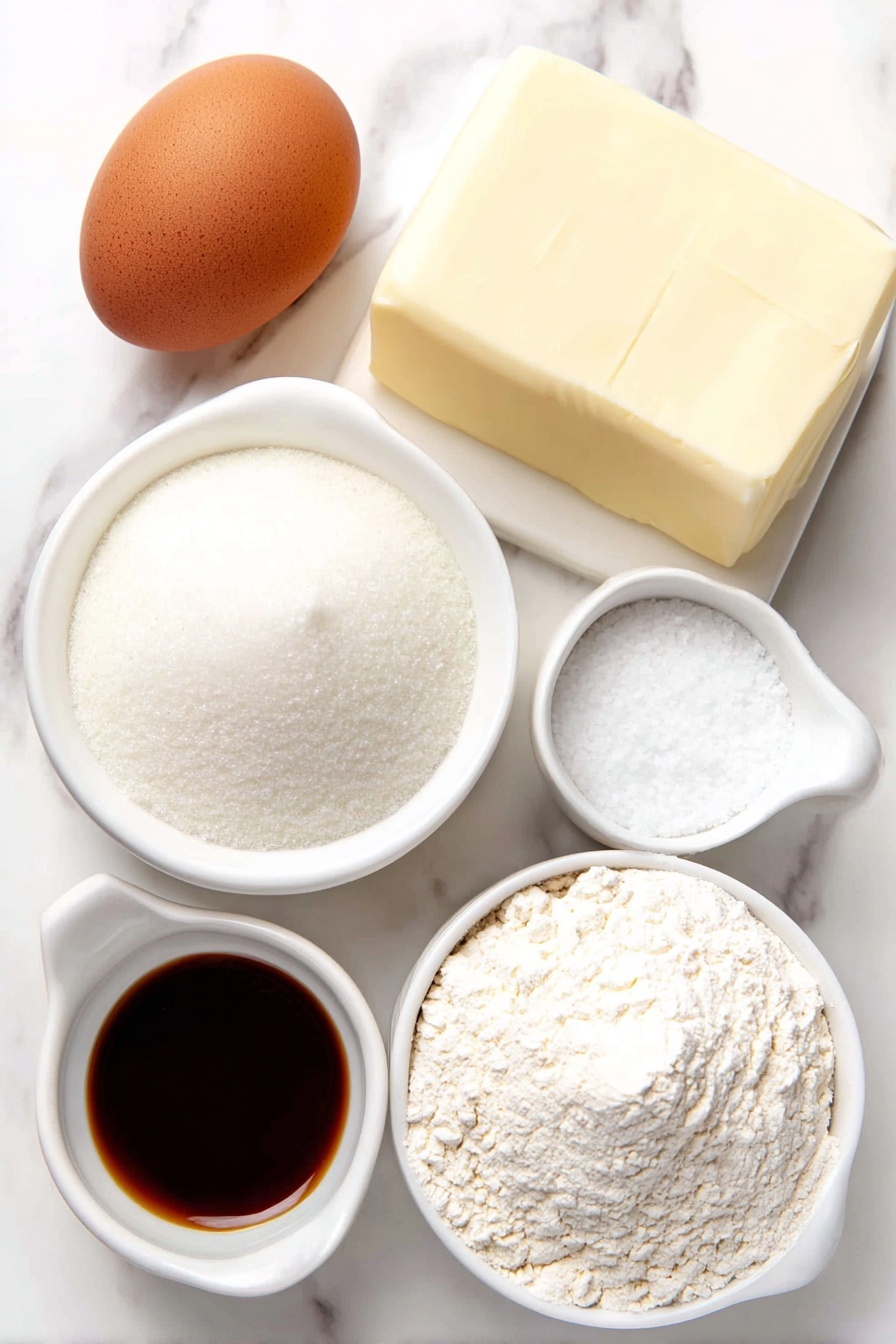 Spritz Cookies, holiday cookies, buttery cookie recipes, cookie press cookies, festive cookie recipes - Flat lay of a smooth pale yellow slab of unsalted butter, a small white ceramic bowl filled with fine white granulated sugar, a single large brown egg with an uncracked shell, a small white ceramic bowl holding clear vanilla extract, a small white ceramic bowl containing pale amber almond extract, a neat pile of white all-purpose flour, a small mound of fine white salt crystals in a white ceramic bowl, placed on a clean white marble surface, soft natural light, photo taken with an iPhone, professional food photography style, fresh ingredients, white ceramic bowls, no bottles, no duplicates, no utensils, no packaging --ar 2:3 --v 7 --p m7354615311229779997