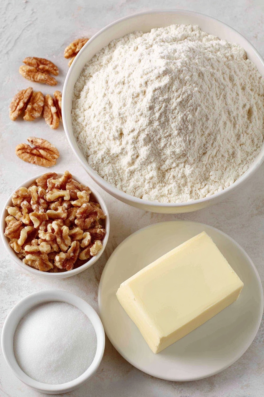 Snowball Cookies, Snowball Cookies Recipe, buttery nutty cookies, holiday cookie ideas, festive dessert recipes - Flat lay of a small mound of white flour in a simple white ceramic bowl, a small white bowl filled with finely chopped walnuts, a half cup of solid pale yellow butter block on a white ceramic plate, a small white bowl of fine white powdered sugar, all arranged with perfect symmetry and balanced proportions, placed on a clean white marble surface, soft natural light, photo taken with an iPhone, professional food photography style, fresh ingredients, white ceramic bowls, no bottles, no duplicates, no utensils, no packaging --ar 2:3 --v 7 --p m7354615311229779997