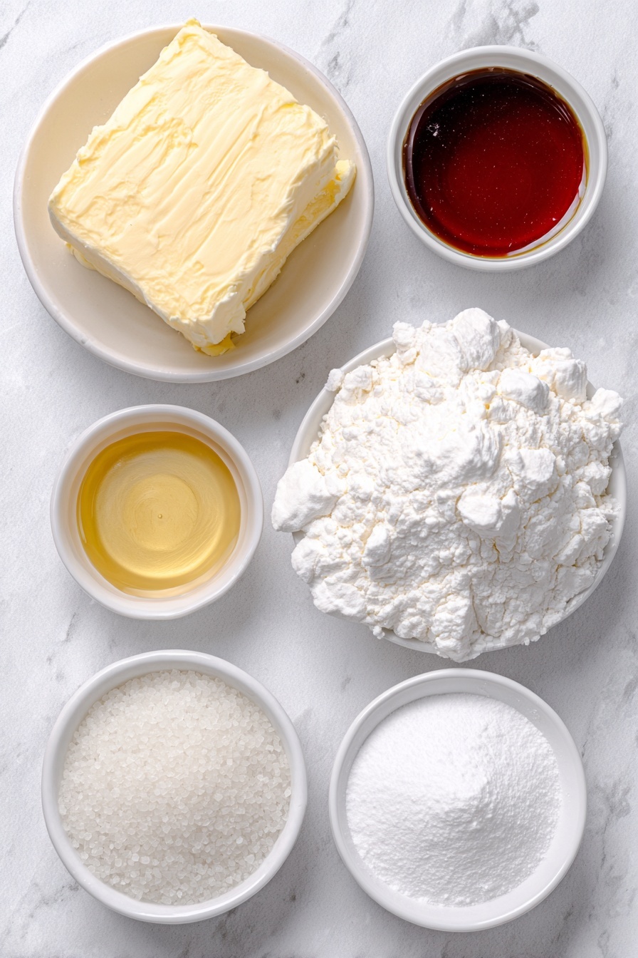 Cinnamon Rock Candy, cinnamon candy recipe, homemade rock candy, spicy crystal candy, easy rock candy tutorial - Flat lay of a small slab of golden butter, a tall mound of white granulated sugar, a small white bowl filled with thick light amber corn syrup, a small white bowl of clear purified water, a tiny white bowl containing vibrant red liquid food coloring, a small white bowl holding translucent cinnamon candy oil, and a neat pile of fine white confectioner’s sugar powder, all arranged symmetrically on a simple white ceramic plate and bowls, placed on a clean white marble surface, soft natural light, photo taken with an iPhone, professional food photography style, fresh ingredients, white ceramic bowls, no bottles, no duplicates, no utensils, no packaging --ar 2:3 --v 7 --p m7354615311229779997