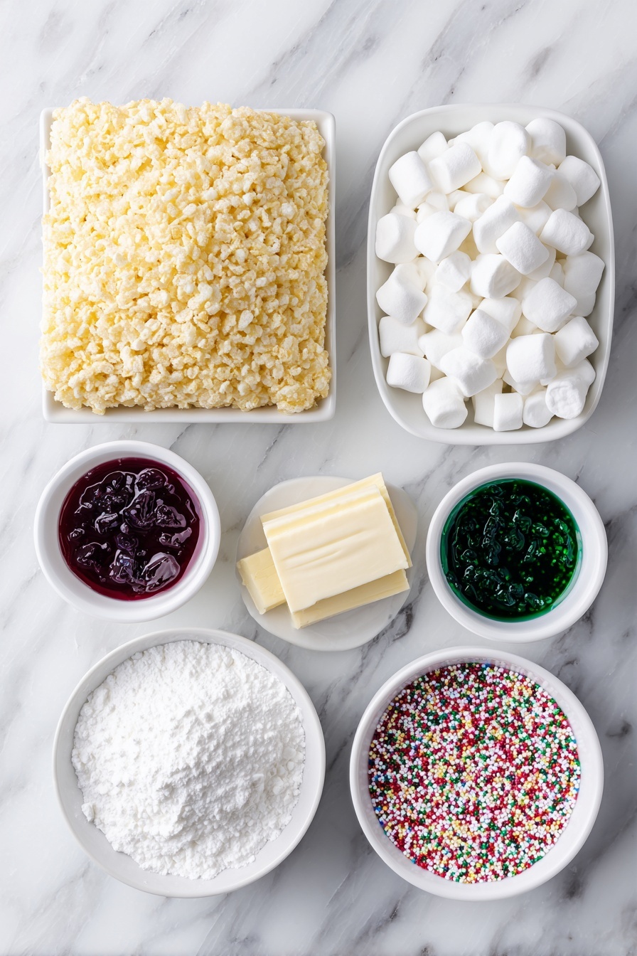 Christmas Rice Krispie Treat Bites, festive holiday treats, no-bake Christmas desserts, colorful holiday snacks, quick Christmas treats - Flat lay of a small mound of golden Rice Krispie cereal, a heap of white mini marshmallows, a few tablespoons of pale yellow butter sticks, three small white ceramic bowls each with bright red, deep green, and pure white dyes in liquid form, and a small white bowl filled with colorful nonpareils Christmas sprinkles, all arranged symmetrically and neatly, placed on a clean white marble surface, soft natural light, photo taken with an iPhone, professional food photography style, fresh ingredients, white ceramic bowls, no bottles, no duplicates, no utensils, no packaging --ar 2:3 --v 7 --p m7354615311229779997